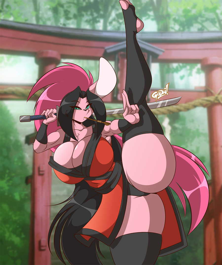 1girls 2023 anthro breasts canine cleavage female female_only furry huge_breasts kyoko_usagi leg_up long_hair mastergodai milf pink_fur pink_hair rascals solo splits standing_on_one_leg sword thick_thighs thighhighs vertical_splits