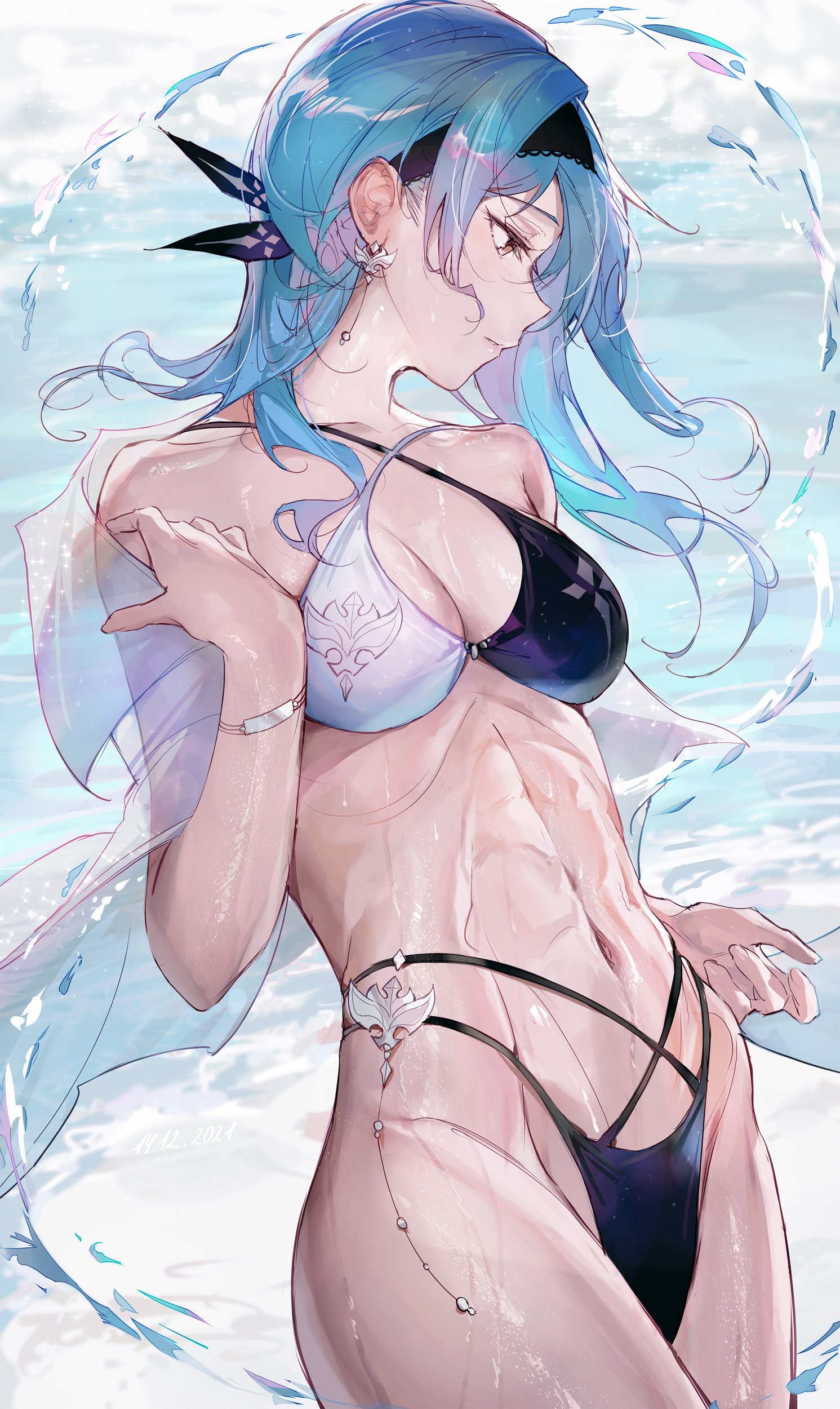 1girls, black bikini, blue eyes, breasts, ear piercing, earrings, eula (genshin impact), female, genshin impact, medium breasts, multicolored bikini, multicolored bra, see-through top, solo female, tagme, thighs, toned, toned female, wet body, wristband