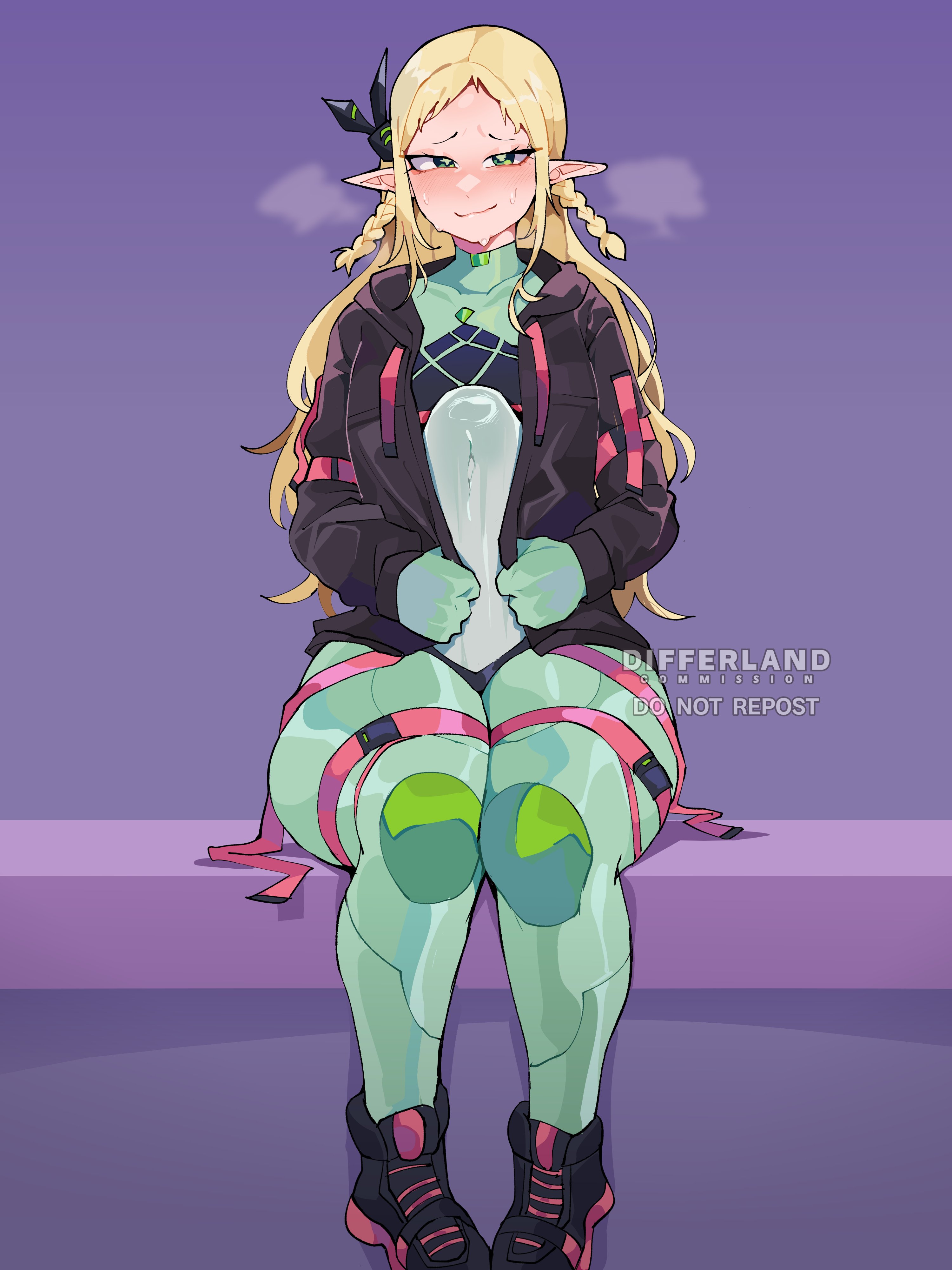1girls, anal, anal access, anal only, anal only bodysuit, blonde hair, blush, bodysuit, character request, clothed, commission, diforland, dildo, dildo reveal, dildo sitting, do not repost, female, female only, green eyes, hair ornament, latex, looking at viewer, original, original character, pointy ears, sitting, smile, solo, stomach bulge, sweat, thick thighs