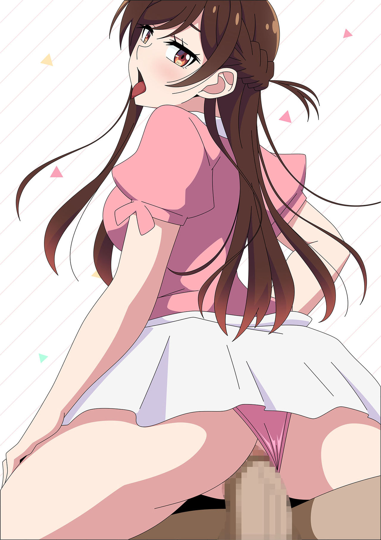 1boy, 1girls, atelier gons, big breasts, breasts, censored, clothes, dark penis, dark-skinned male, female, kanojo okarishimasu, light skin, light-skinned female, male, mizuhara chizuru, penis, pussy, reverse cowgirl position, sex, underwear aside, underwear pull, vaginal penetration