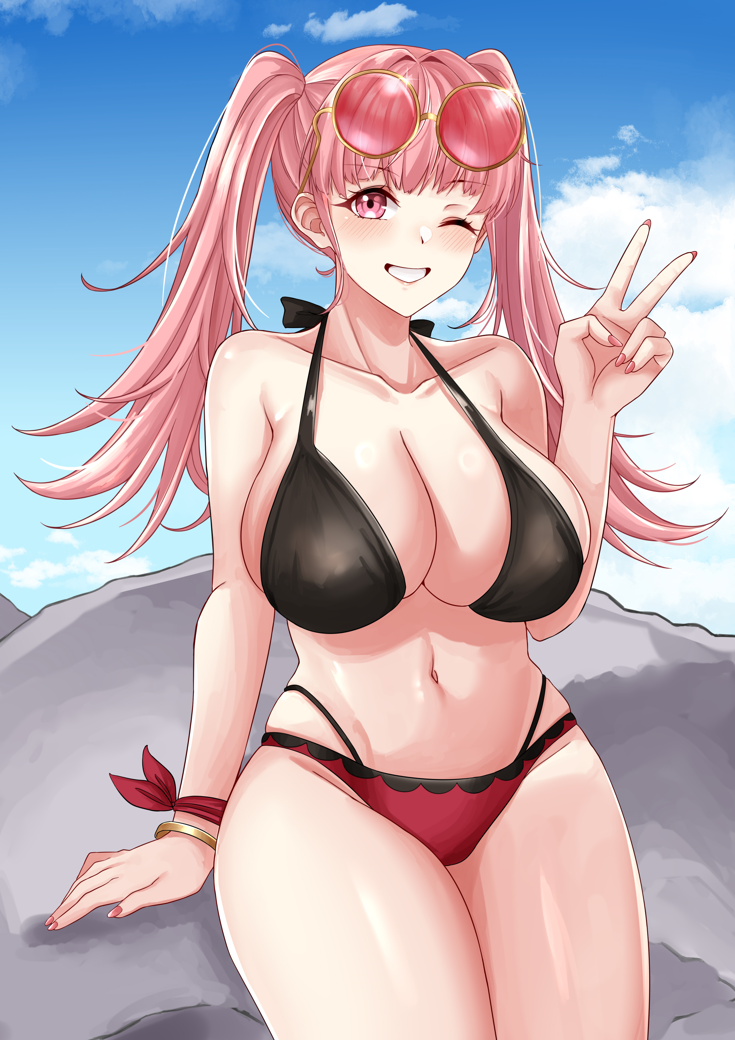1girls, absurdres, alternate breast size, alternate costume, beach, big breasts, bikini, black bikini, blue sky, bracelet, breasts, cleavage, cloud, commentary, english commentary, eyewear on head, female, female only, fingernails, fire emblem, fire emblem heroes, fire emblem: three houses, grin, highres, hilda valentine goneril, large breasts, long hair, looking at viewer, nail polish, nintendo, official alternate costume, one eye closed, pink eyes, pink hair, pink nails, red bikini, red swimsuit, rock, rynn (darknescorez), sitting, sitting on rock, sky, smile, solo, sunglasses, sunglasses on head, swimsuit, thighs, twintails, v, wink