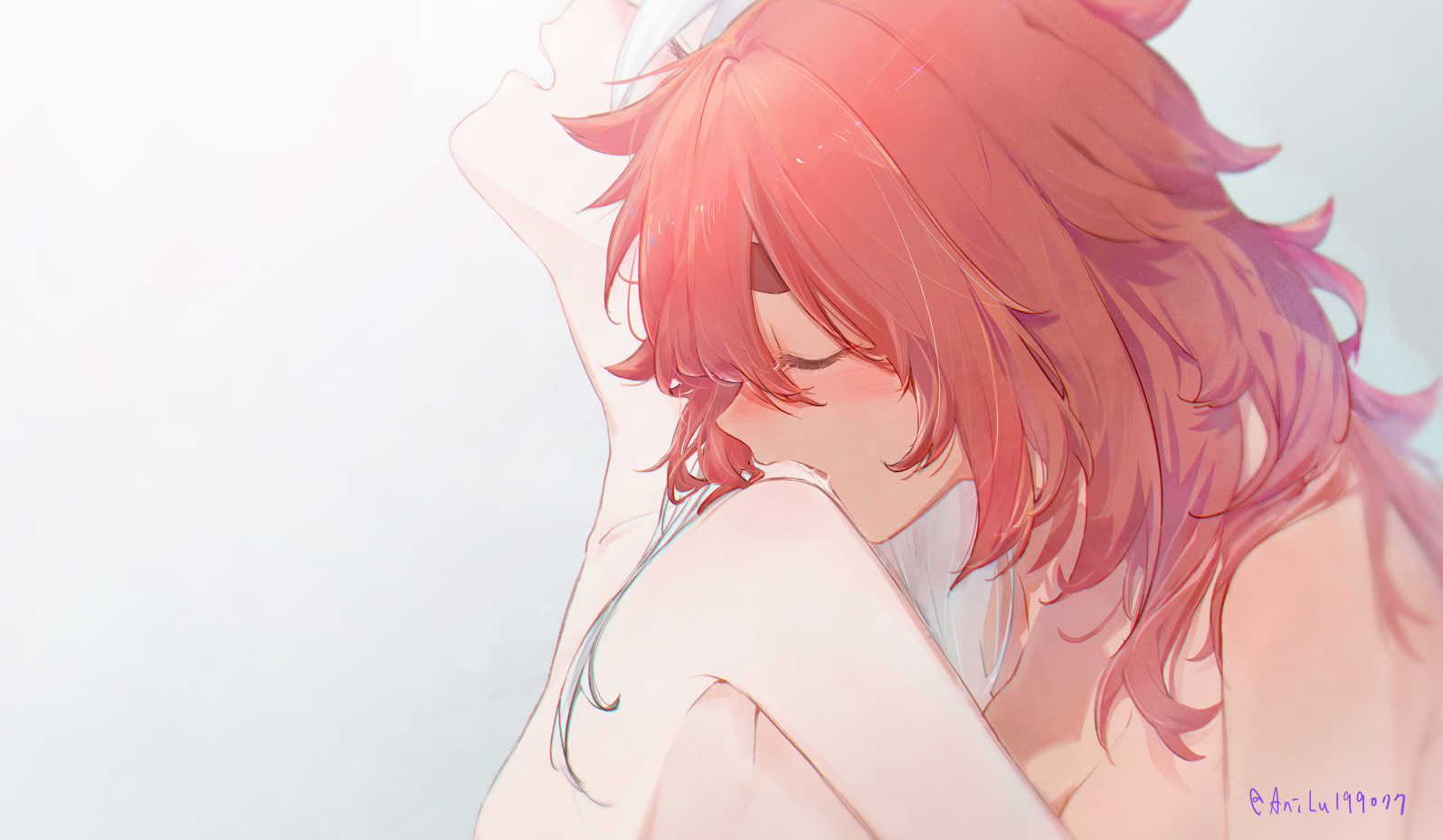 2girls, anilu199077, blush, breasts, canon couple, closed eyes, completely nude, female, female only, gundam, gundam suisei no majo, intimate, kissing, licking, long hair, looking pleasured, miorine rembran, nude, red hair, romantic, romantic couple, suletta mercury, white hair, yuri