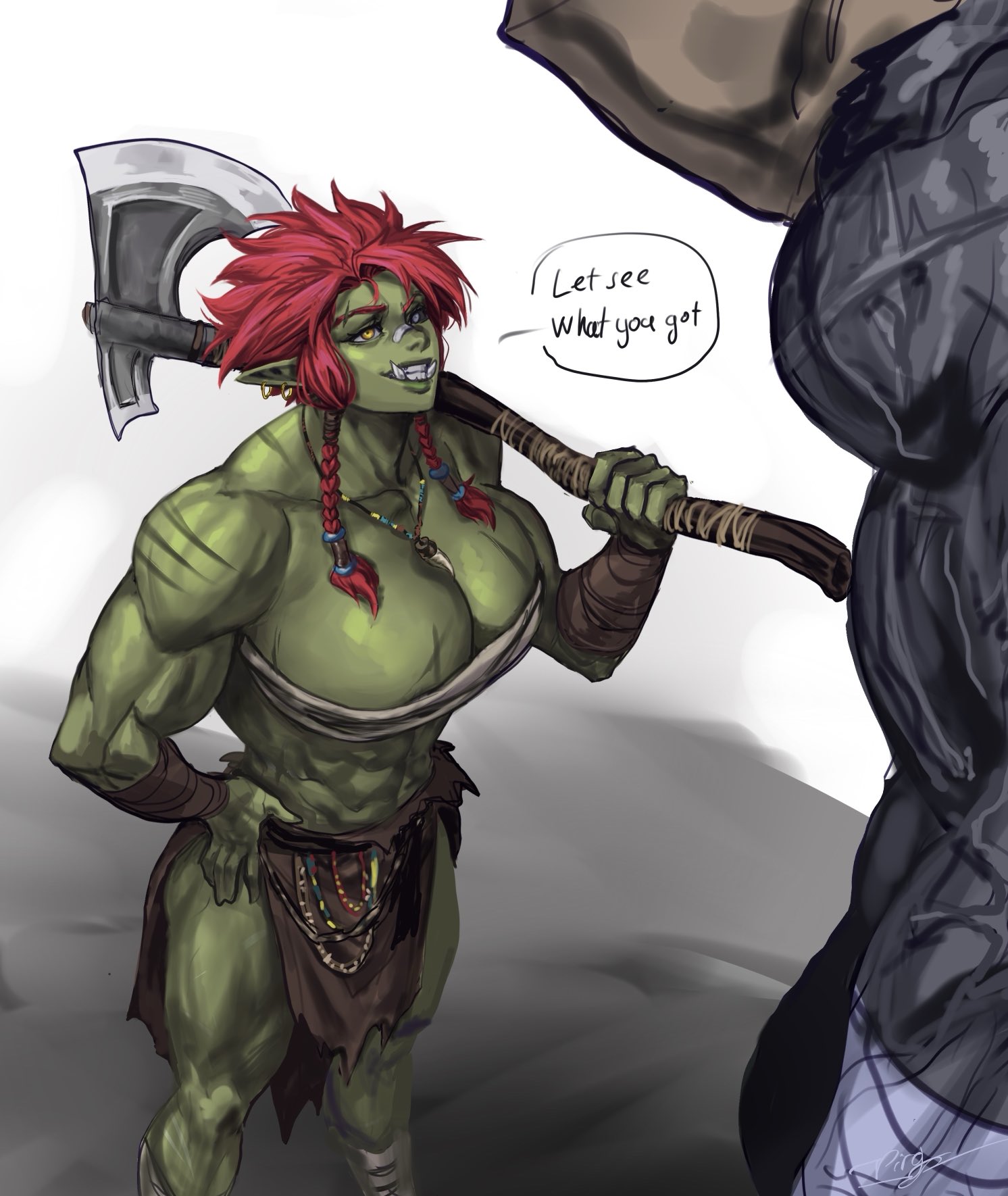 1boy, 1girls, ass, big ass, big breasts, breasts, cassandra (virgoart1509), dark skin, dark-skinned male, english text, female, green body, green skin, heterochromia, legs, male, multicolored eyes, muscular, muscular female, muscular thighs, orc, orc female, original character, red hair, scar, tagme, text, tusks, virgoart1509