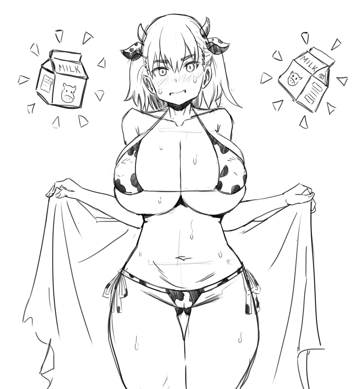 1girls, big breasts, bikini, blush, breasts, clothed, clothing, cow bikini, cow print, curvy, embarrassed, female, female focus, female only, flashing, hi res, highres, looking at viewer, medium hair, milk, monochrome, pigtails, please don't bully me, nagatoro, rein (artist), revealing clothes, shikki (nagatoro), simple background, sketch, solo, sweat, white background, wide hips
