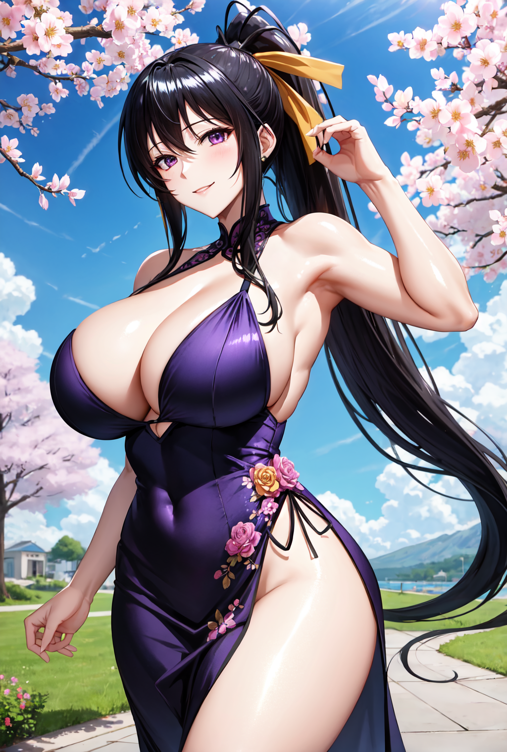 ai generated, akeno himejima, breasts, curvy body, curvy female, female, female focus, female only, hi res, high school dxd, huge breasts, long hair, ponytail, stable diffusion, voluptuous, voluptuous female