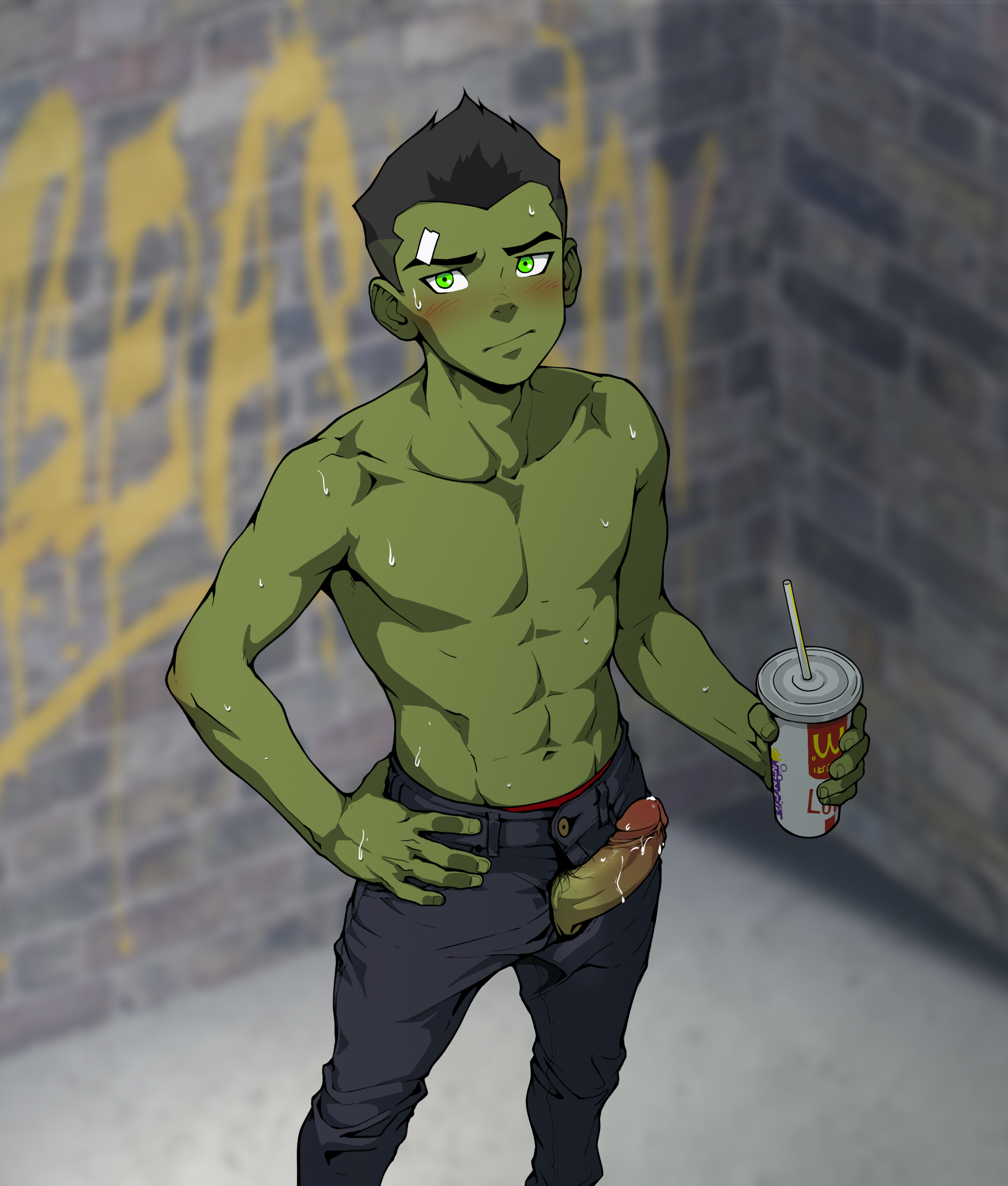 beast boy, beast boy (young justice), beitemian, betm, boner, cum, dc, dc comics, erection, garfield logan, gay, gay male, gay sex, green body, green eyes, green hair, green skin, male, male only, solo, sweating, sweaty, sweaty body, yaoi, young justice, young justice: outsiders