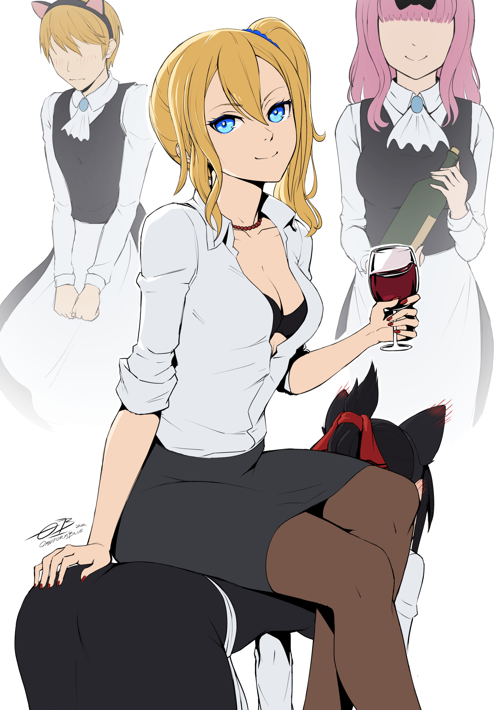 ass, ass focus, big ass, big butt, blonde hair, blue eyes, blush, cat ears, crossdressing, female, fujiwara chika, hayasaka ai, kaguya-sama wa kokurasetai ~tensai-tachi no renai zunousen~, maid, maid uniform, multiple females, multiple girls, omniformblue, pink hair, sensual, shinomiya kaguya, shirogane miyuki, wine