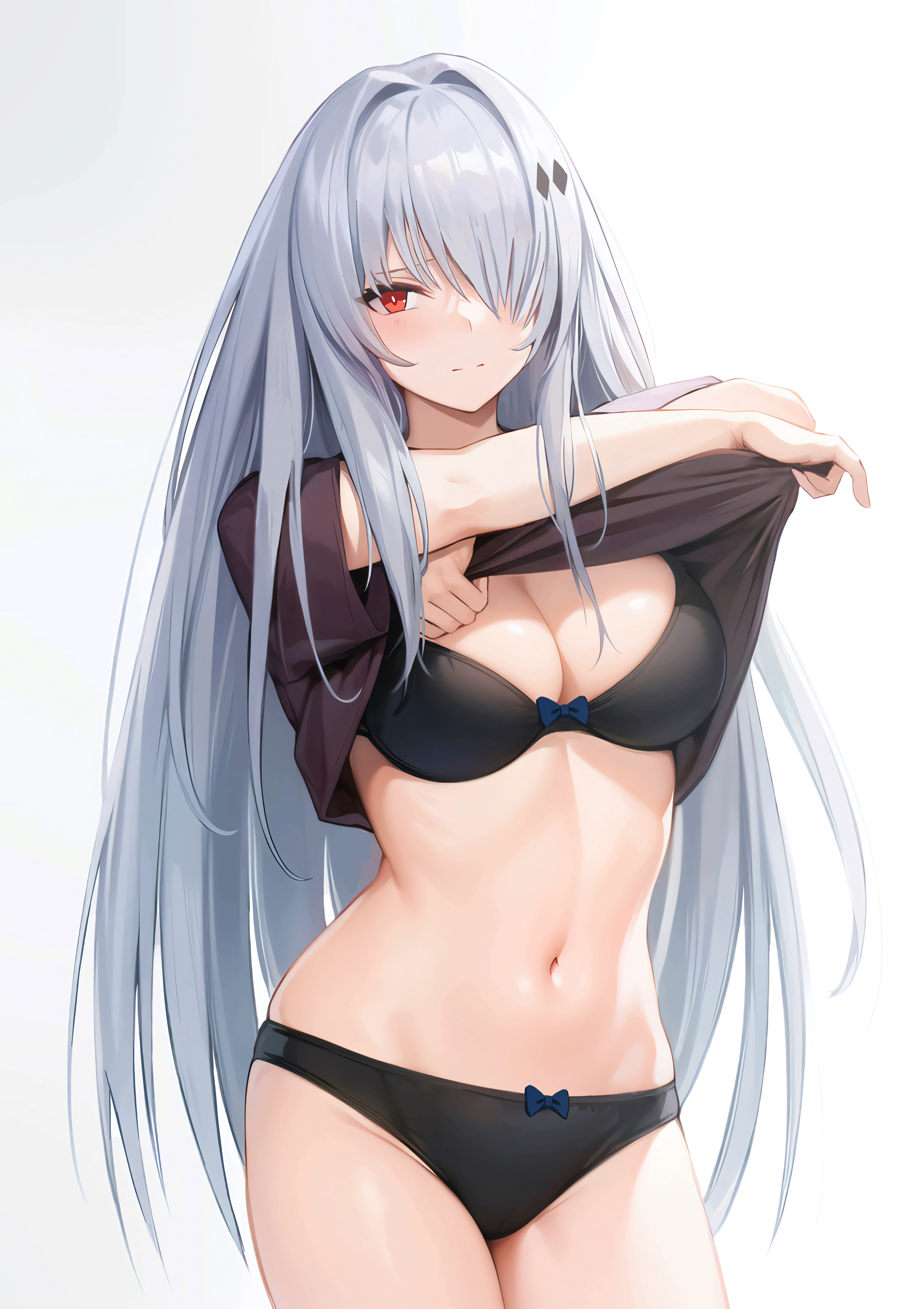 1girls, absurd res, belly, blush, breasts, female, haruyuki86, lucia (punishing: gray raven), lucia: crimson abyss (punishing: gray raven), medium breasts, punishing: gray raven, red eyes, robot girl, solo, taking clothes off, underwear, white hair