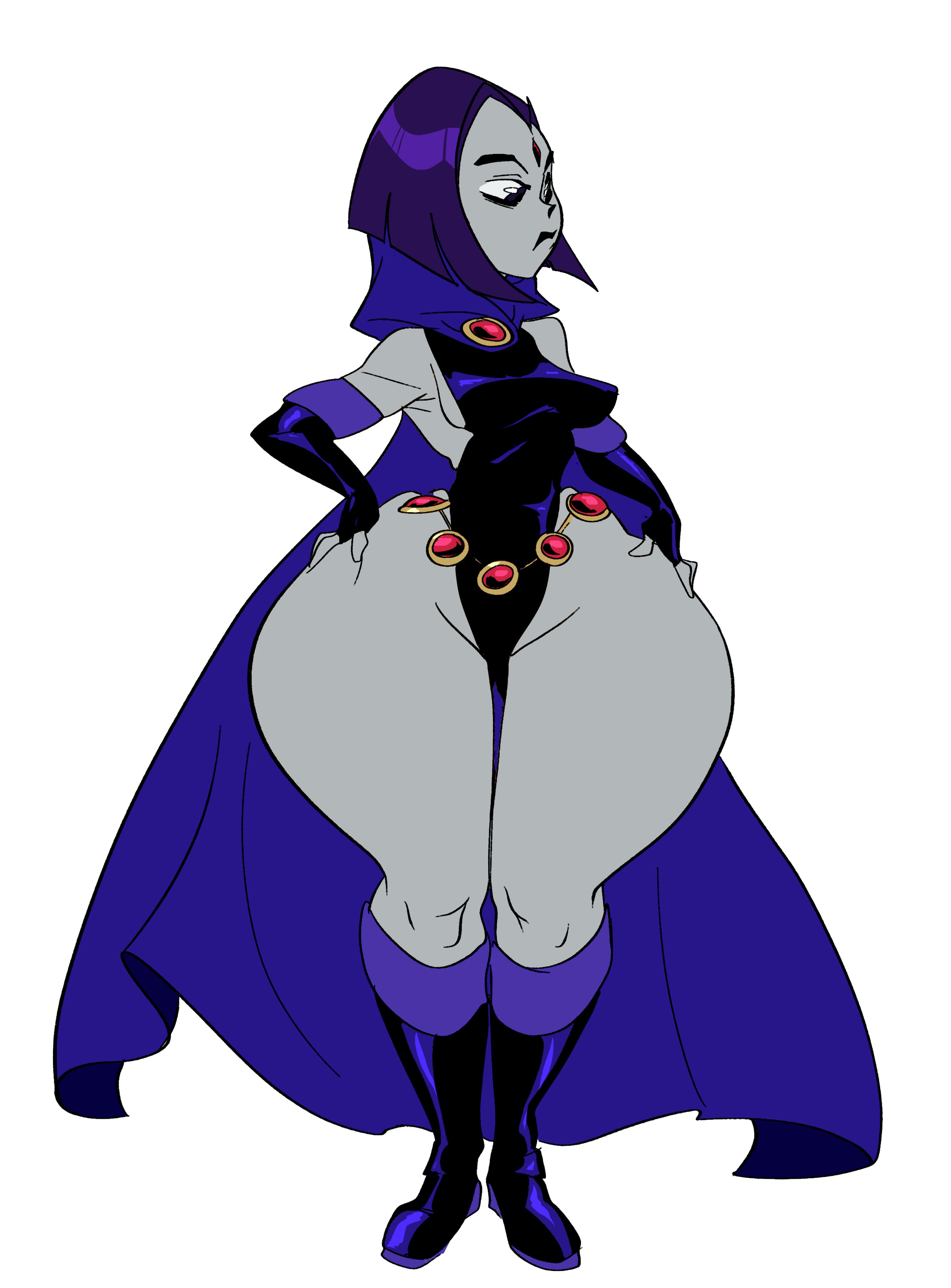 1girls, barely clothed, black boots, black leotard, black lips, black lipstick, bottom heavy, breasts, cape, child bearing hips, cloak, curvaceous, curvy figure, curvy hips, curvy thighs, dc, dc comics, elbow gloves, eye contact, female, female only, fingerless gloves, forehead jewel, gloves, grey body, grey skin, hand on hip, hips wider than shoulders, hood down, huge hips, huge thighs, leotard, looking away, massive hips, massive thighs, neutral expression, partially clothed, pear shaped, pear shaped female, pear-shaped figure, purple hair, rachel roth, raven (dc), red jewel, red jewelry, short hair, side boob, sideboob, simple background, skin tight, slb, standing, superheroine, teen titans, thick hips, thick thighs, thunderthighs, tight clothing, voluptuous, voluptuous female, white background, wide hips