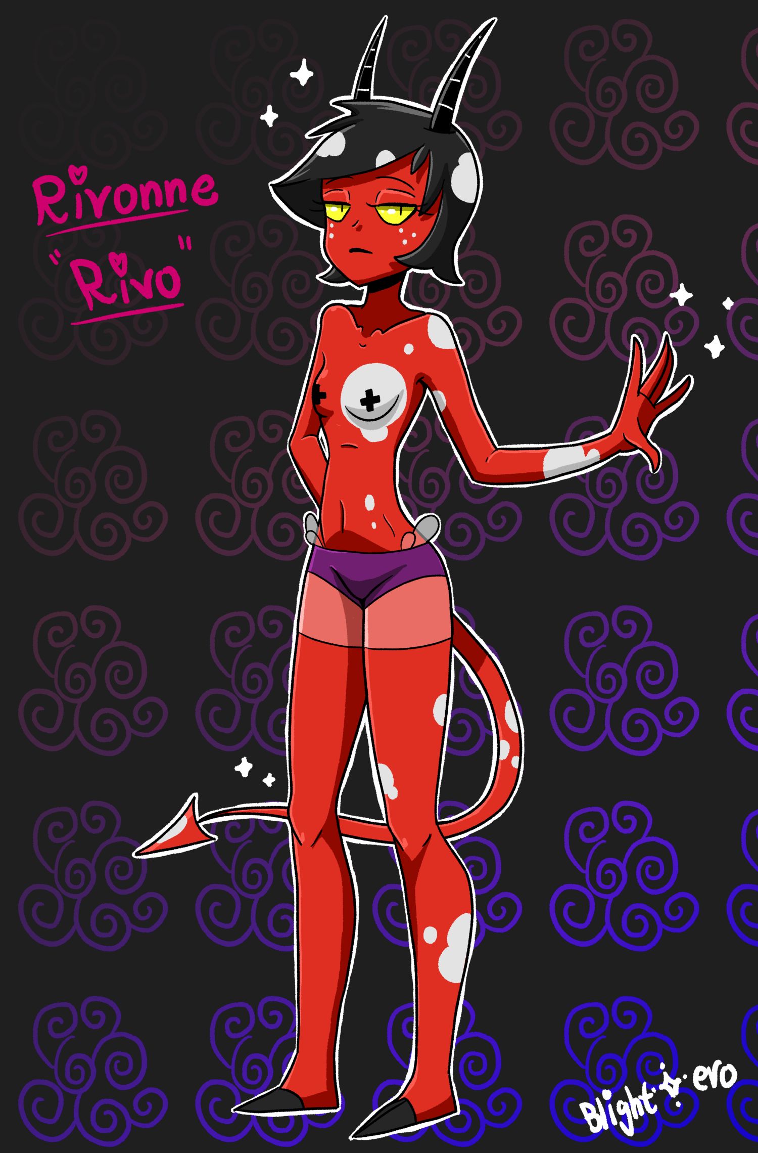 black_hair blightstar body_pattern claws freckles helluva_boss horns imp original_character pasties purple_panties red_skin sheer_clothing sheer_legwear solo tail tape_on_nipples yellow_sclera