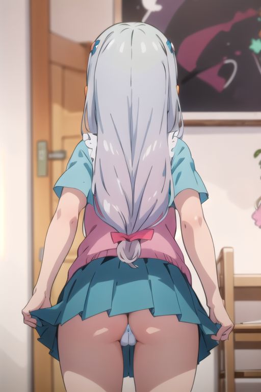 ai_generated airest ass blue_shirt blue_skirt blurry blurry_background bow cameltoe cowboy_shot door eromanga_sensei facing_away female from_behind grey_hair hairbow indoors izumi_sagiri long_hair low-tied_long_hair miniskirt panties pantyshot pink_bow pleated_skirt pussy shiny shirt short_sleeves skirt solo stable_diffusion standing thighs underwear white_panties