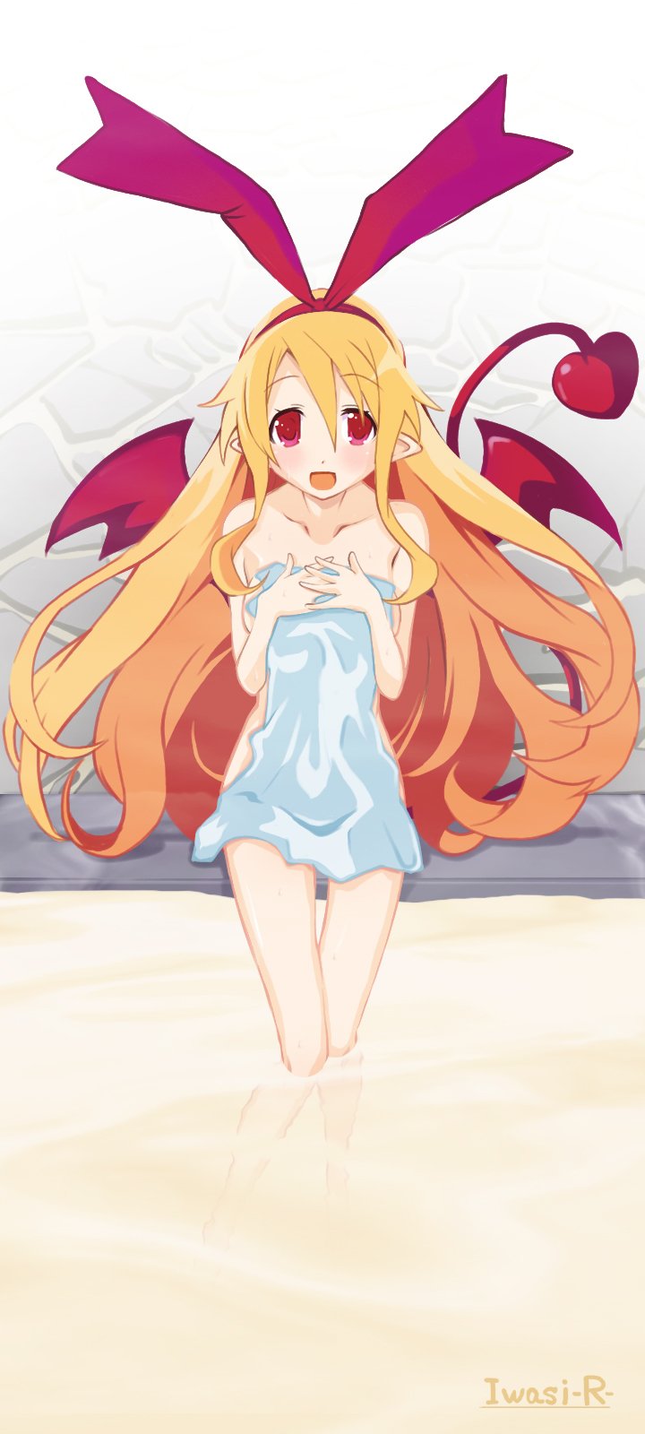 completely_nude completely_nude_female disgaea disgaea_1 flonne flonne_(fallen_angel) hot_spring iwasi_r nippon_ichi_software towel towel_only