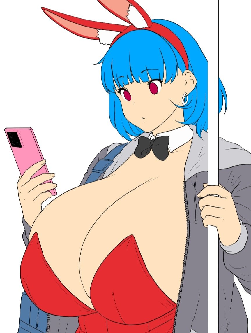 1girls big_breasts black_bowtie blue_hair bowtie breasts breasts_bigger_than_head breasts_bigger_than_torso bunny_ears bunny_ears_(cosmetic) bunnysuit busty distracted dot_mouth ear_piercing earrings enormous_breasts errorkazoo female female_only female_solo flat_colors gigantic_breasts grey_clothing grey_topwear hairband headwear holding_object holding_phone huge_breasts human human_female human_only inner_hair jacket leotard light-skinned_female looking_at_phone massive_breasts medium_hair neck_ribbon open_jacket original_character pink_phone pole red_clothing red_eyes red_hairband red_topwear rina_atherina_(errorkazoo) solid_colors solo solo_female upper_body zipper