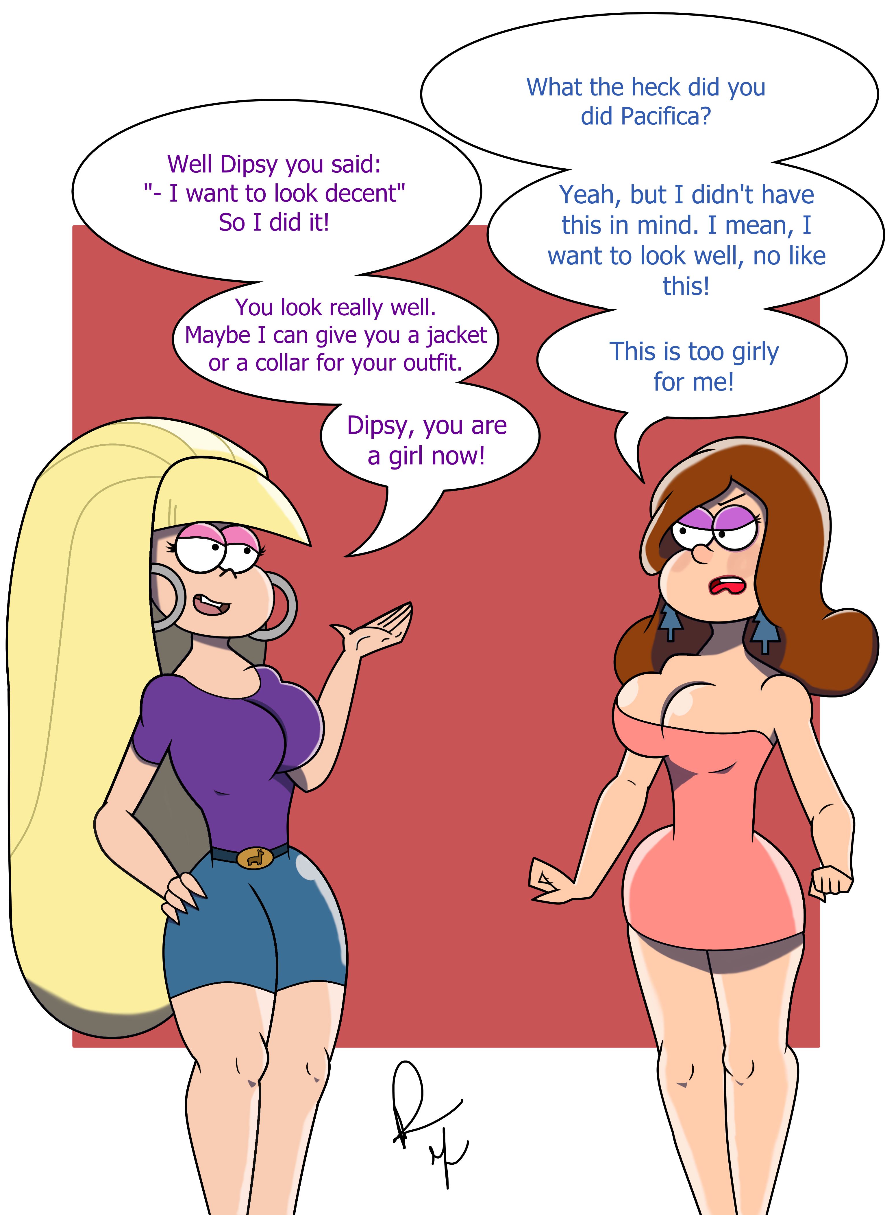 2girls, ass, blunt bangs, breasts, crossdressing, crossdressing male, dipper pines, disney, disney channel, disney xd, english text, female, female dipper, forced feminization, genderswap, genderswap (mtf), gravity falls, huge ass, huge breasts, male, pacifica northwest, raymejia, rule 63, short dress, simple background, smooth skin, speech bubble, thick thighs, white background, wide hips