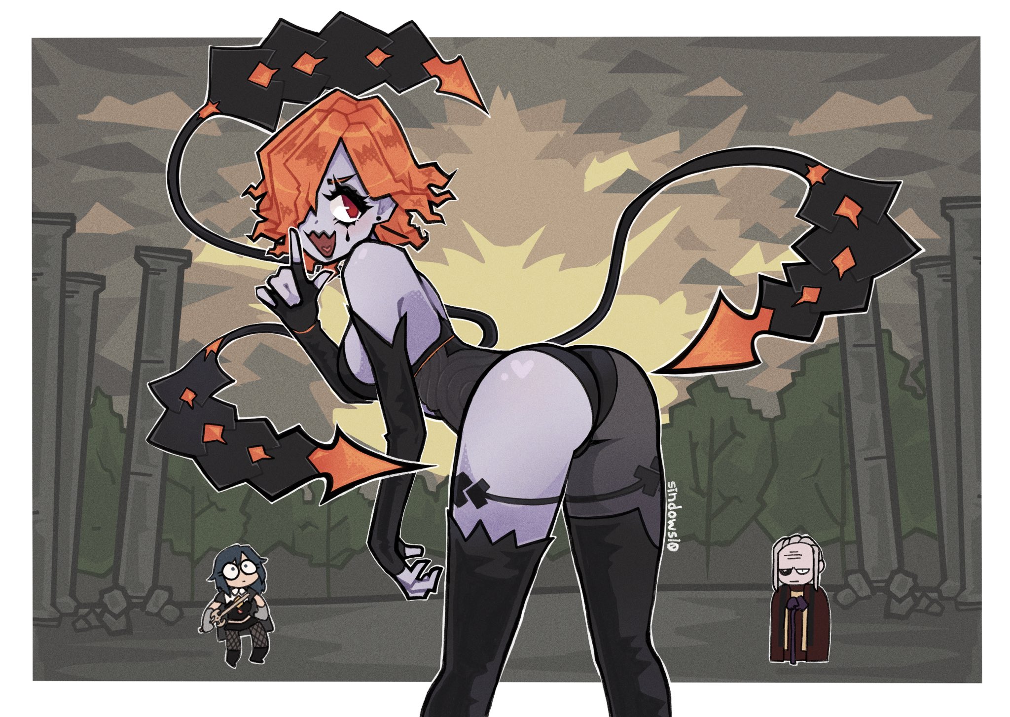 2girls, ass, ass focus, bent over, black panties, byleth (fire emblem), byleth (fire emblem) (female), female, female focus, fire emblem, fire emblem: three houses, hair over one eye, kronya (fire emblem), light skin, light-skinned female, multiple females, multiple girls, nintendo, orange hair, pale skin, pale-skinned female, panties, pointing, presenting, presenting ass, presenting hindquarters, red eyes, short hair, sindows10, solo focus, underwear, wavy mouth