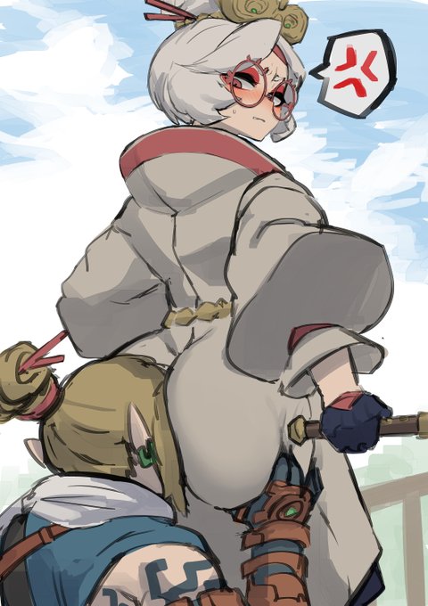 1boy, 1girls, angry, annoyed, annoyed expression, ass, ass grab, ass in face, ass worship, big ass, big butt, blushing, chopsticks in hair, clothing, clouds, embarrassed, eyeshadow, face in ass, female, flustered, fully clothed, glasses, gloves, grabbing another's ass, hair ornament, hairpin, holding object, large ass, large butt, link, link (breath of the wild), long sleeves, looking at another, looking back, makeup, male, outdoors, purah, purah (tears of the kingdom), red eyes, sheikah, sky, straight, sweatdrop, tears of the kingdom, the legend of zelda, tied hair, unseen male face, white hair