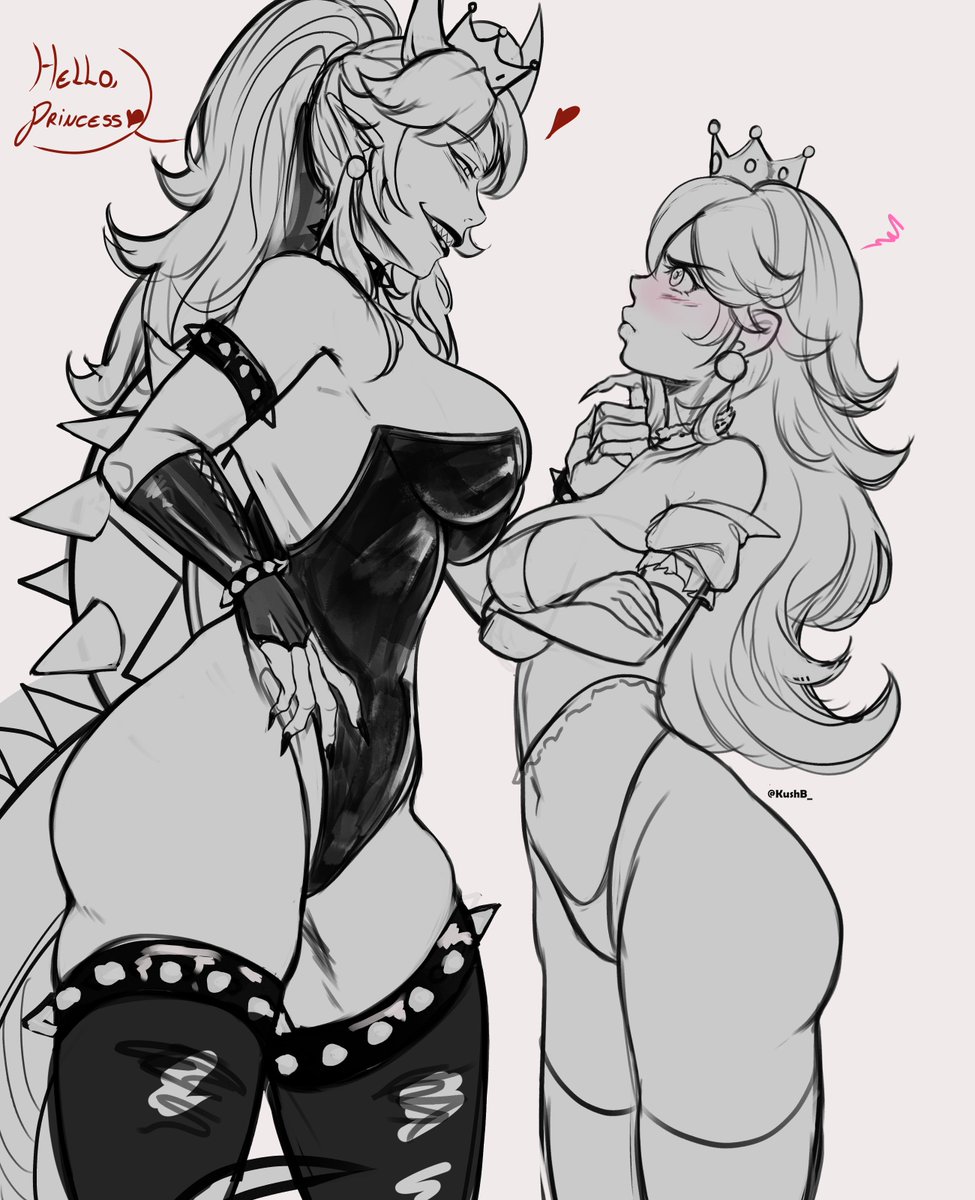 2girls arm_bracelets arms_crossed big_breasts black_nails blush bowsette crown dialogue earrings female female_only fingerless_gloves horns kushb leotard lipstick long_fingernails mario_(series) monochrome multiple_girls new_super_mario_bros._u_deluxe nintendo pointy_ears pouting princess_peach sharp_teeth shell speech_bubble spiked_bracelet super_crown super_mario_bros. tail thighhighs thong torn_clothes