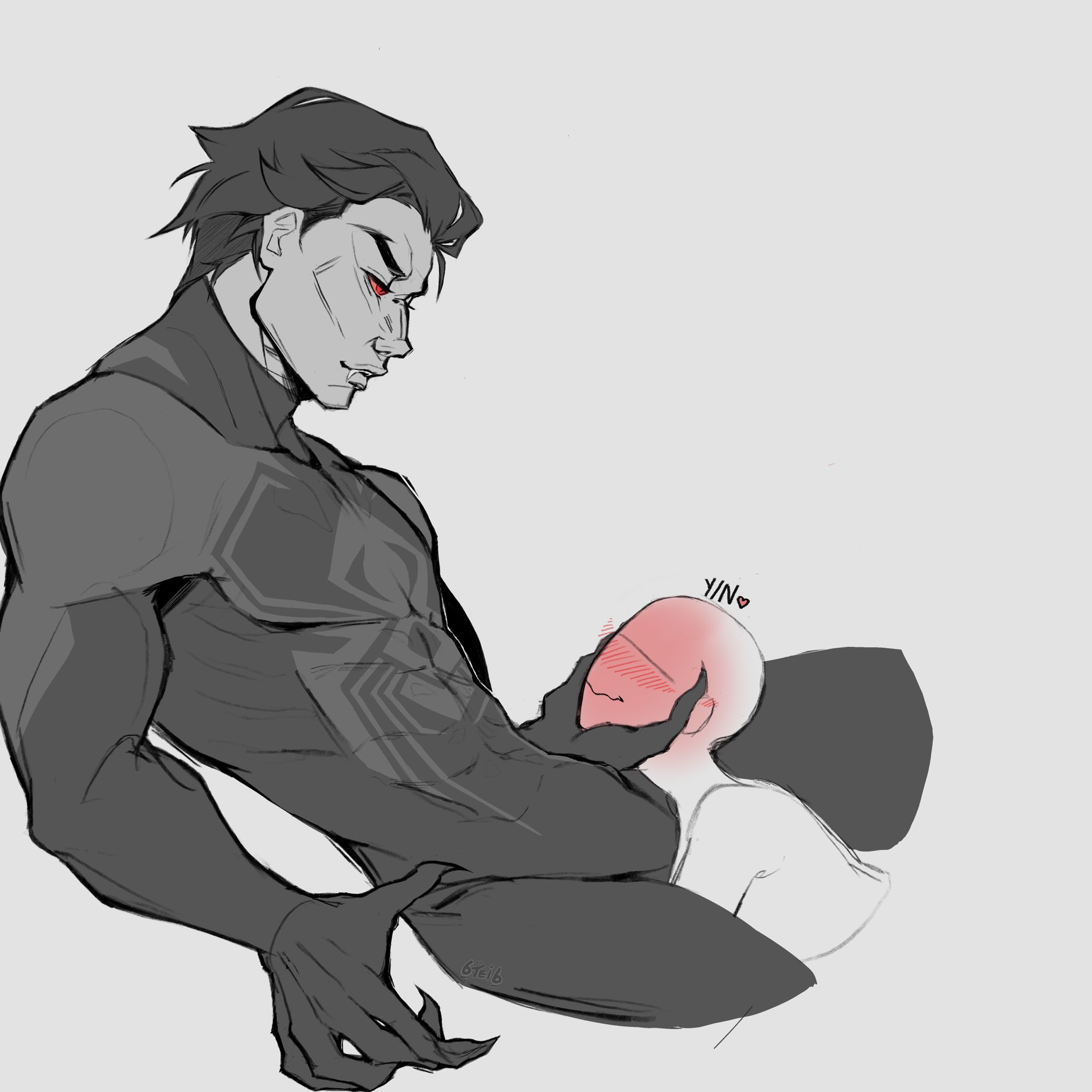 1boy, 6tei6, ambiguous gender, anon, blush, bulge, flaccid, latino, looking down, male, male focus, male only, male/ambiguous, marvel, marvel comics, miguel o'hara, monochrome, muscles, muscular, muscular male, penis, serious, spider-man, spider-man (series), spider-man 2099, spider-man: across the spider-verse, spider-man: into the spider-verse, superhero, uncensored, y/n