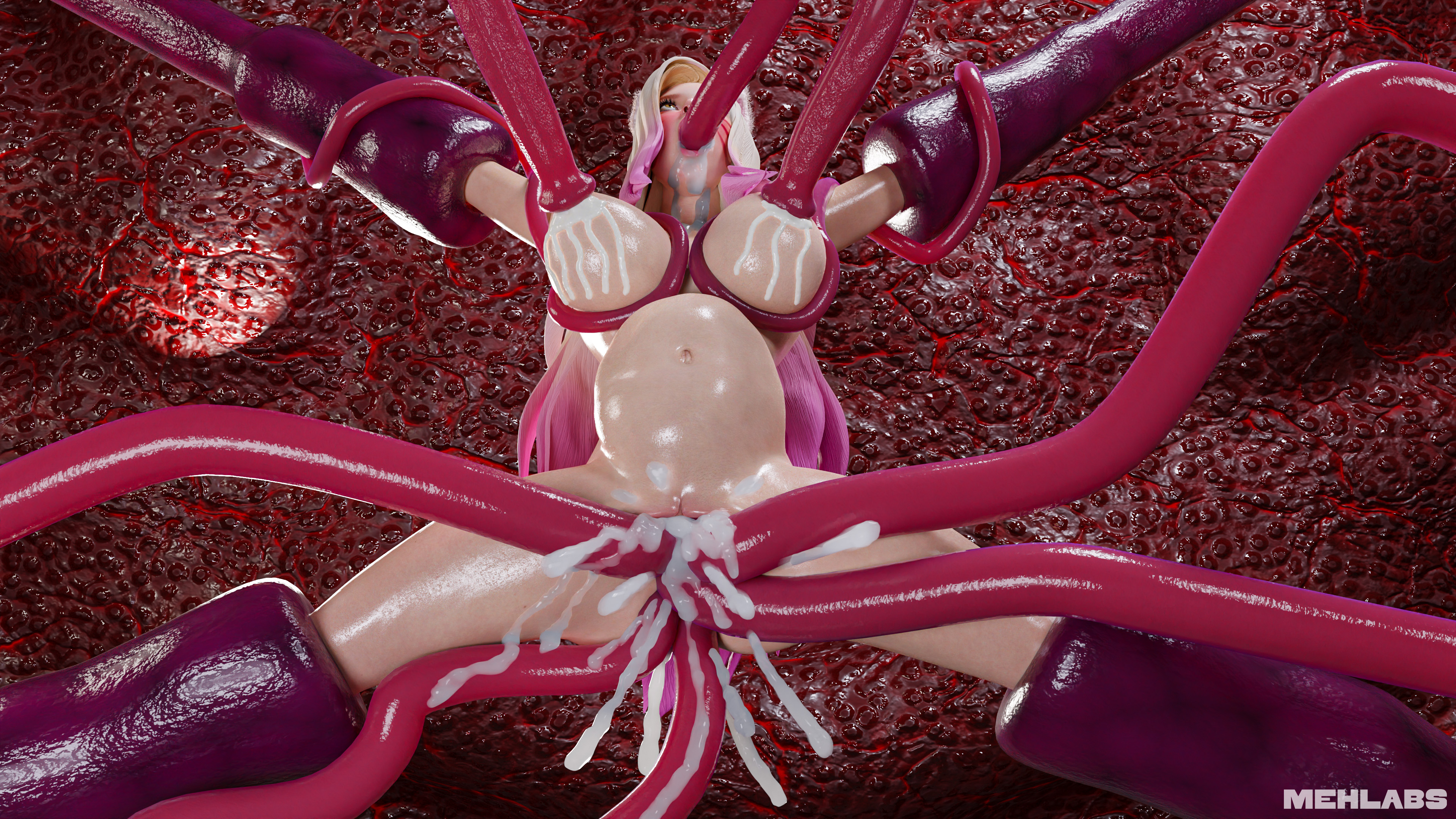 4k, 9 tails, ahri, big breasts, blonde hair, breasts, bulge, cum, female, fox ears, highres, inflation, k/da ahri, k/da all out ahri, large breasts, large insertion, league of legends, mehlabs, milking, multi tail, nine tailed fox, sucking, sucking nipples, tentacle, tentacle penetration, tentacle rape, tentacle sex, vastaya