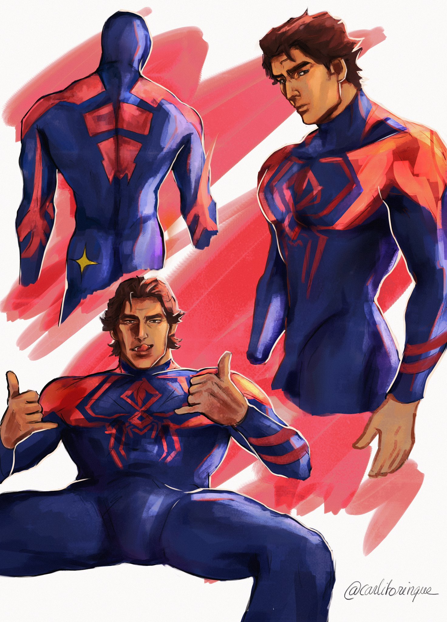 1boy, bulge, carlitorinque, flaccid, latino, looking at viewer, male, male focus, male only, marvel, marvel comics, miguel o'hara, multiple poses, muscles, muscular, muscular male, penis, solo, solo male, spider-man, spider-man (series), spider-man 2099, spider-man: across the spider-verse, spider-man: into the spider-verse, spread legs, spreading, superhero, tongue, tongue out, torn clothes, uncensored