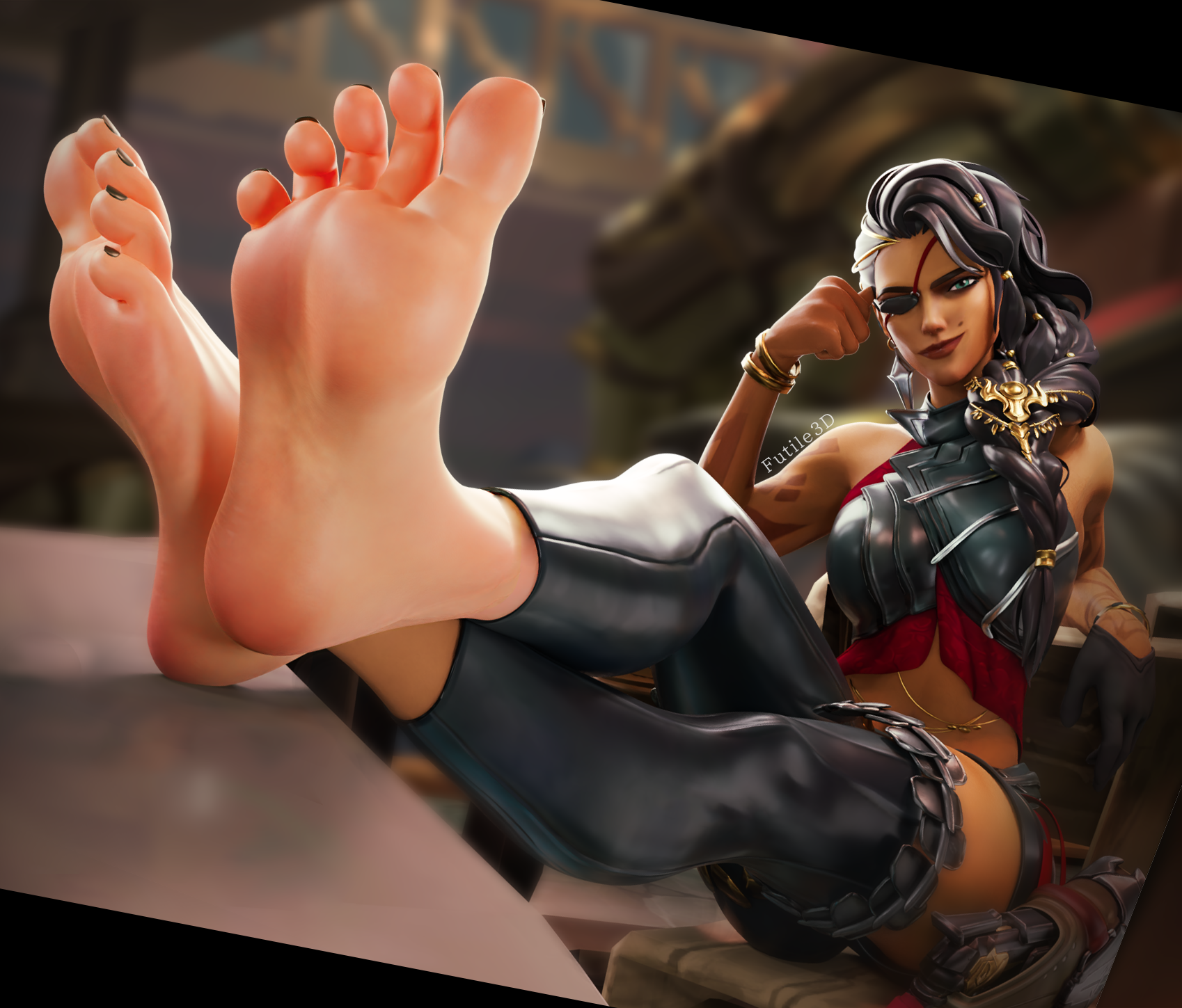 3d, arabian, black hair, black toenails, dominant female, eyepatch, feet, female, femdom, foot fetish, foot focus, foot on table, futile3d, grin, jewelry, league of legends, league of legends: wild rift, pov feet, presenting feet, samira (league of legends), smile, smug, soles, solo, solo female, toes, toes scrunch, toes spread