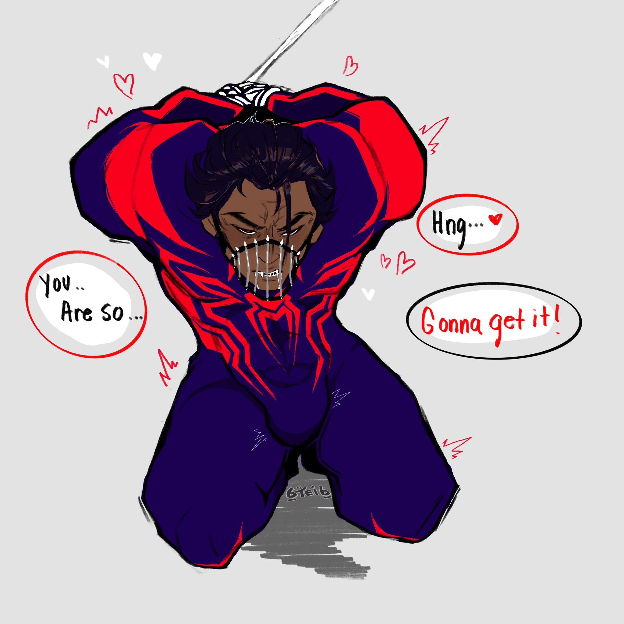 1boy, 6tei6, angry, bulge, flaccid, hands behind back, latino, male, male focus, male only, marvel, marvel comics, miguel o'hara, muscles, muscular, muscular male, muzzle (object), muzzled, no visible genitalia, penis, solo, solo male, spider-man, spider-man (series), spider-man 2099, spider-man: across the spider-verse, spider-man: into the spider-verse, superhero, tied, tied hands, tied up, uncensored