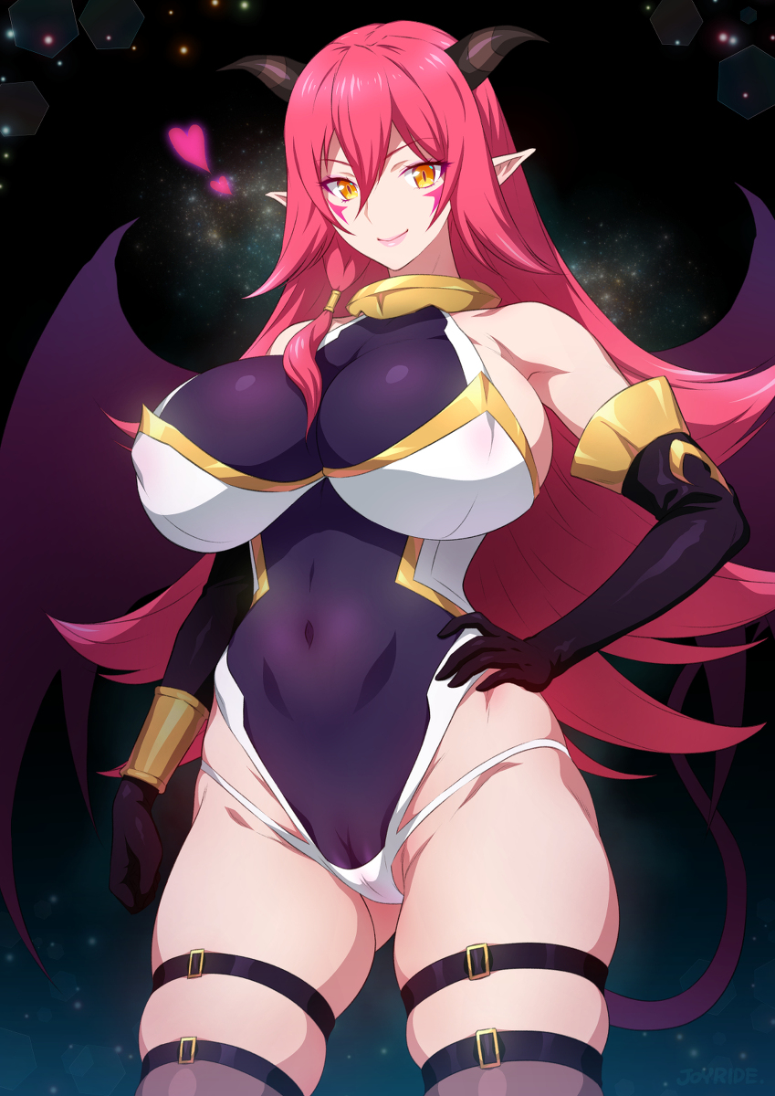 arnes_(konosuba) big_breasts demon_girl enormous_breasts horns joy_ride kono_subarashii_sekai_ni_bakuen_wo! kono_subarashii_sekai_ni_shukufuku_wo! red_eyes red_hair sensual thigh_strap thighs