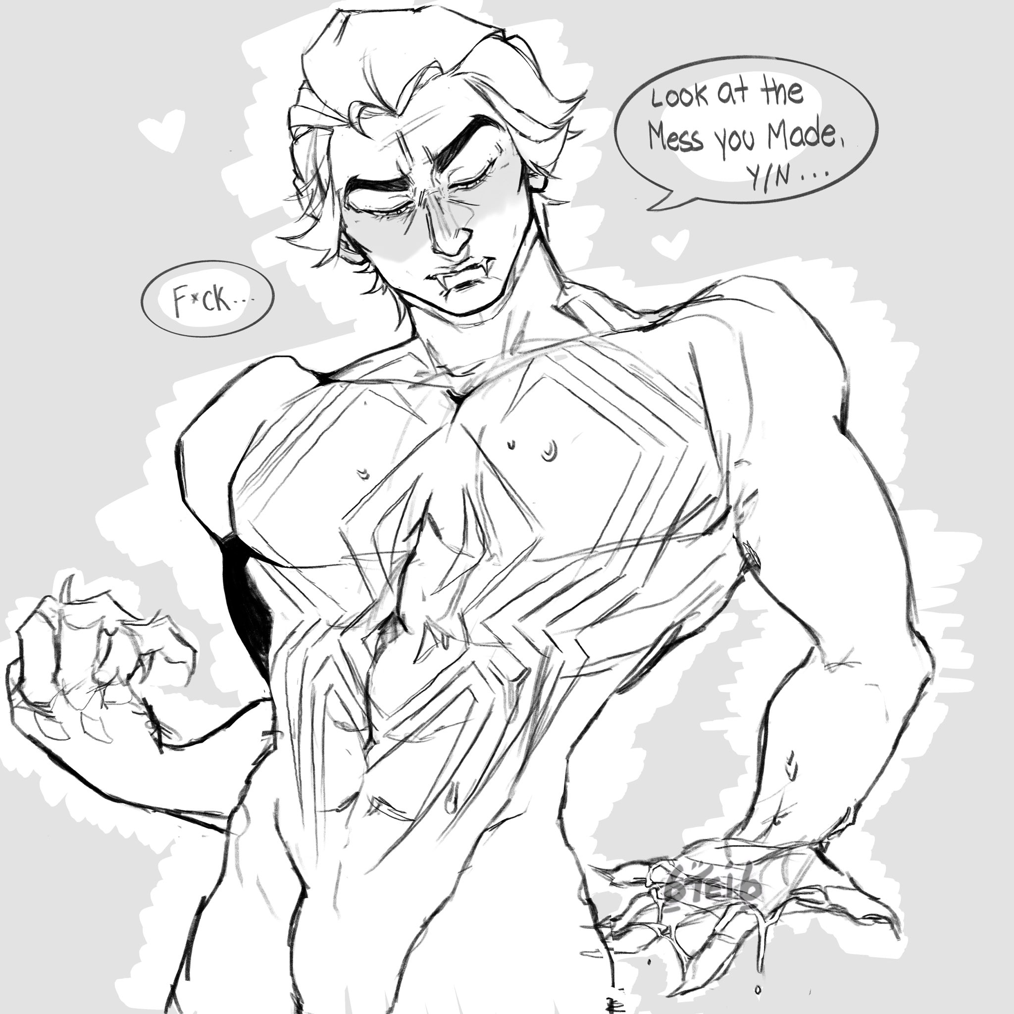 1boy, 6tei6, after masturbation, after orgasm, black and white, bulge, closed eyes, cum, cum in hands, cum on hand, cum on self, flaccid, genital fluids, latino, male, male focus, male only, marvel, marvel comics, miguel o'hara, monochrome, muscles, muscular, muscular male, no visible genitalia, penis, solo, solo male, spider-man, spider-man (series), spider-man 2099, spider-man: across the spider-verse, spider-man: into the spider-verse, superhero, text, uncensored
