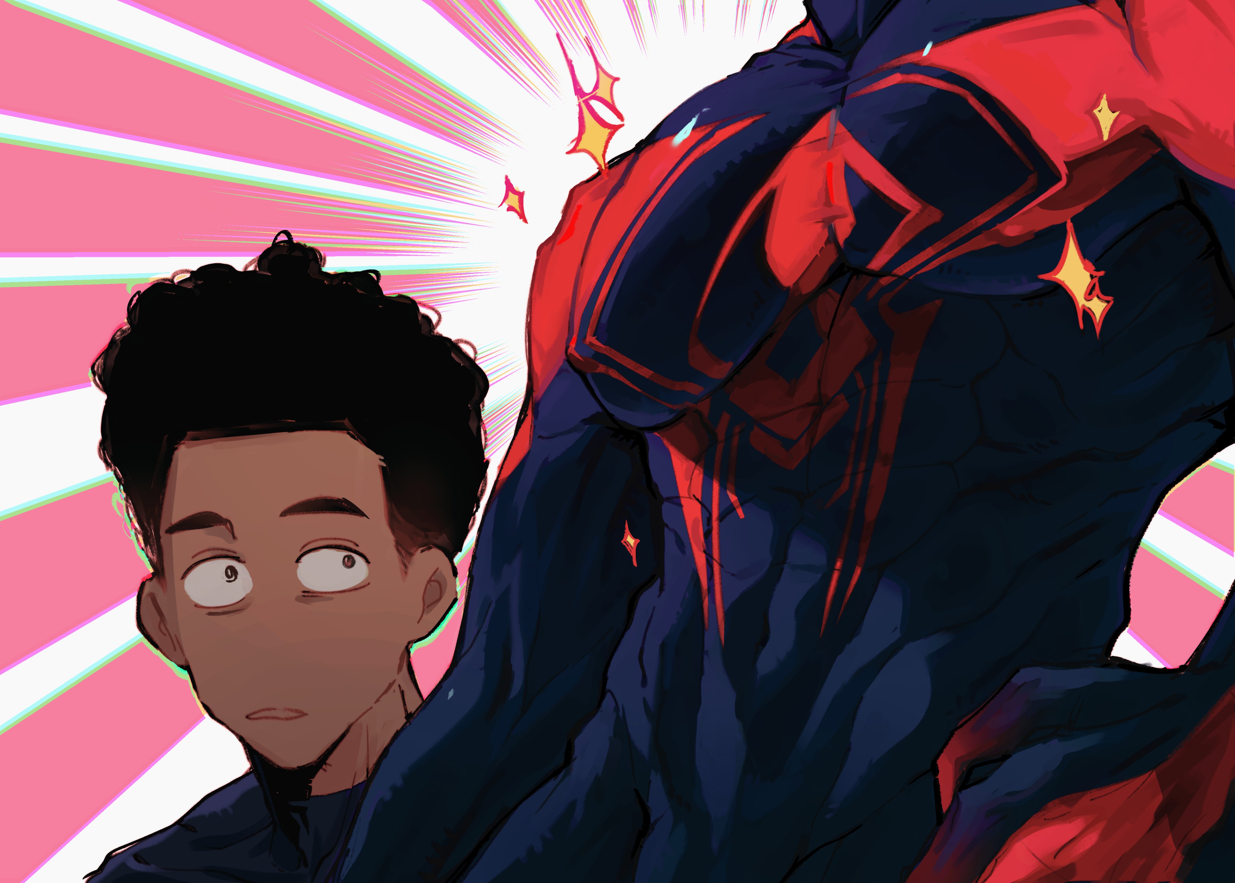2boys, abs, african, african male, big pecs, black body, clothed, clothing, dark male only, dark skin, dark-skinned male, duo, female, funny, gay, gay male, girl staring at guy's chest, hand on hip, hispanic, hispanic male, irish, irish male, jv0202021, latino, male, male focus, male only, male/male, marvel, marvel comics, melanin, meme, mexican, mexican irish, mexican male, miguel o'hara, miles morales, moobs, muscular, muscular male, nervous, nipple bulge, nipples, nipples visible through clothing, pecs, spandex, sparkles, spider-man, spider-man (series), spider-man 2099, spider-man: across the spider-verse, spider-man: into the spider-verse, superhero, surprised, teenage male, yaoi