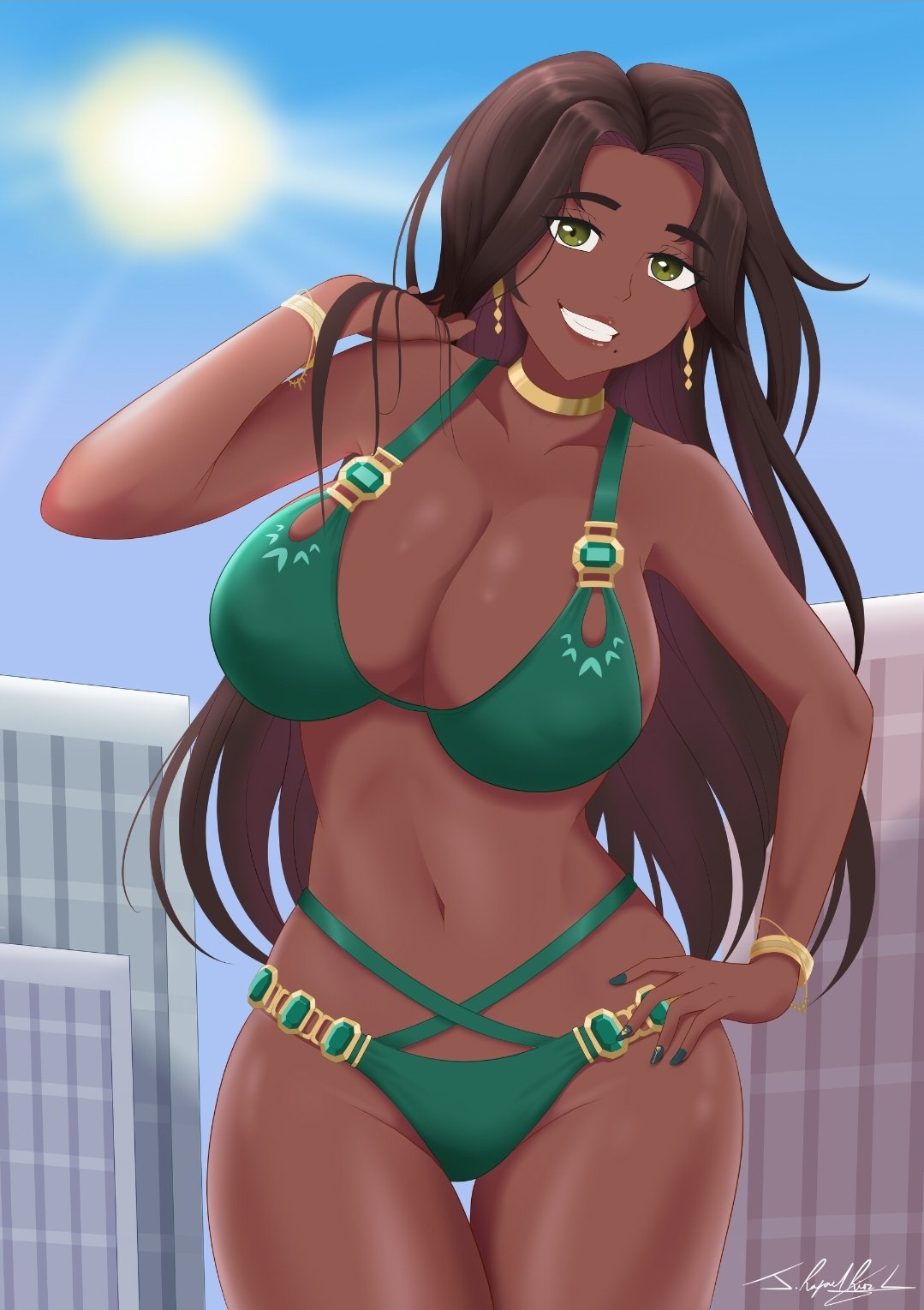 1girls artist_signature beauty_mark belly_button bikini black_nails breasts brown_hair buildings city dark-skinned_female dark_skin earrings female female_only giantess green_bikini green_eyes happy huge_breasts jewelry looking_at_viewer nachelle_(strykewitch/strikewind) neolink077 original original_character painted_nails solo sun swimsuit