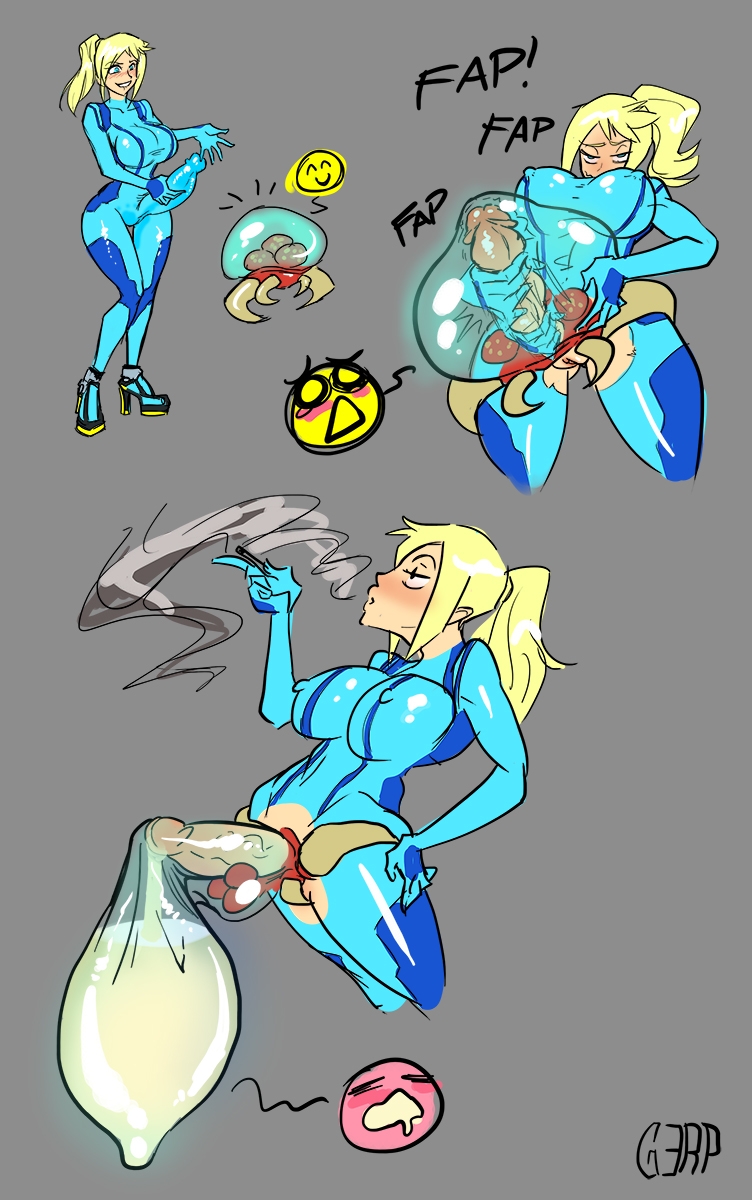 1futa alien big_breasts big_penis breasts clothed clothing condom cum cum_inside ejaculation erection fully_clothed futa_only futa_sans_balls futanari gerph human human_penetrating inflation light-skinned_futanari light_skin living_condom living_sex_toy masturbation metroid metroid_(creature) monster_girl mostly_clothed onahole_parasite orgasm partially_clothed penis samus_aran simple_background smoking_cigarette solo_focus standing