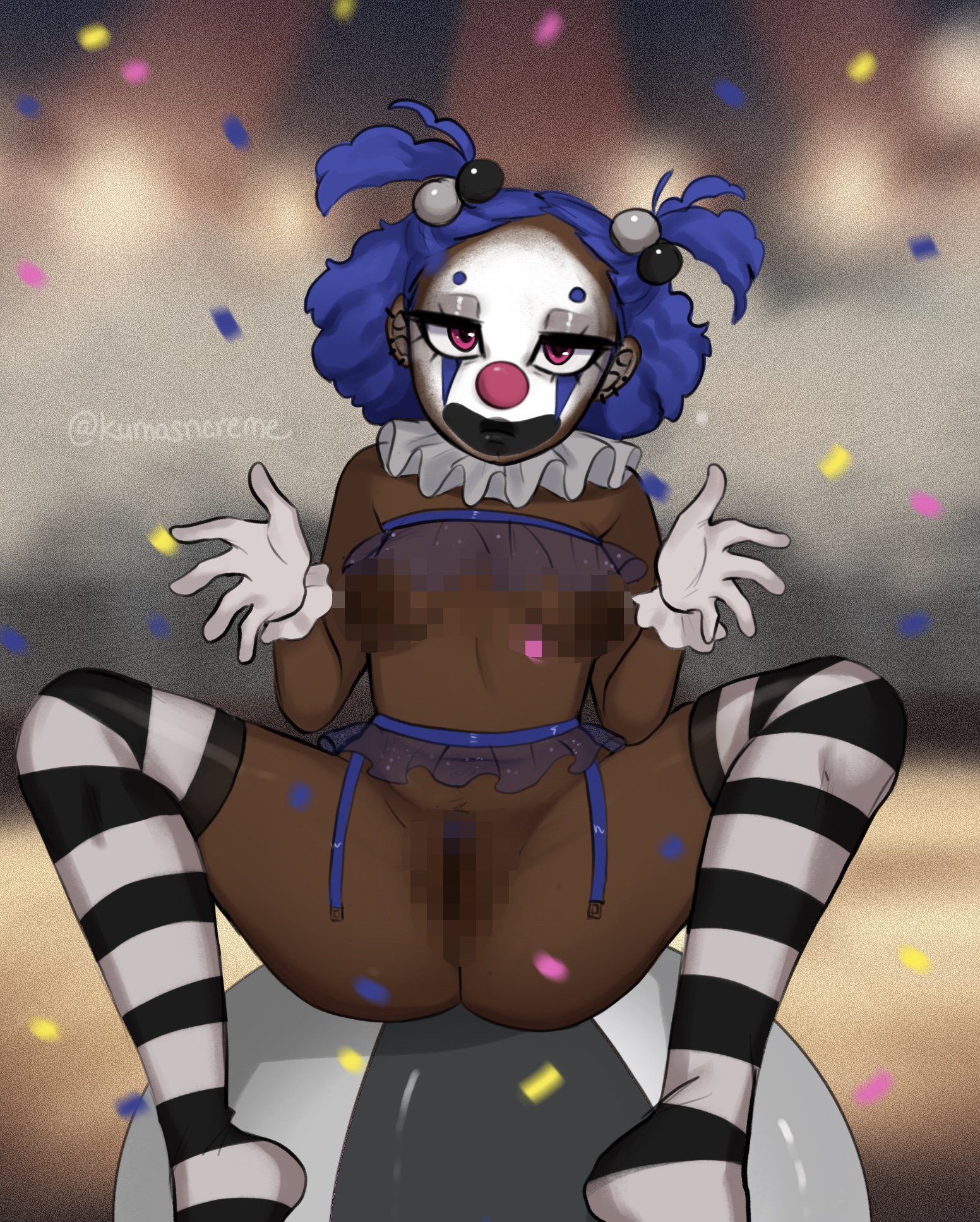 1girls, ass, black female, breasts, censored, censored pussy, clown, clown girl, clown makeup, clown nose, female, female focus, female only, kuma (kumasncreme), kumasncreme, original, pussy
