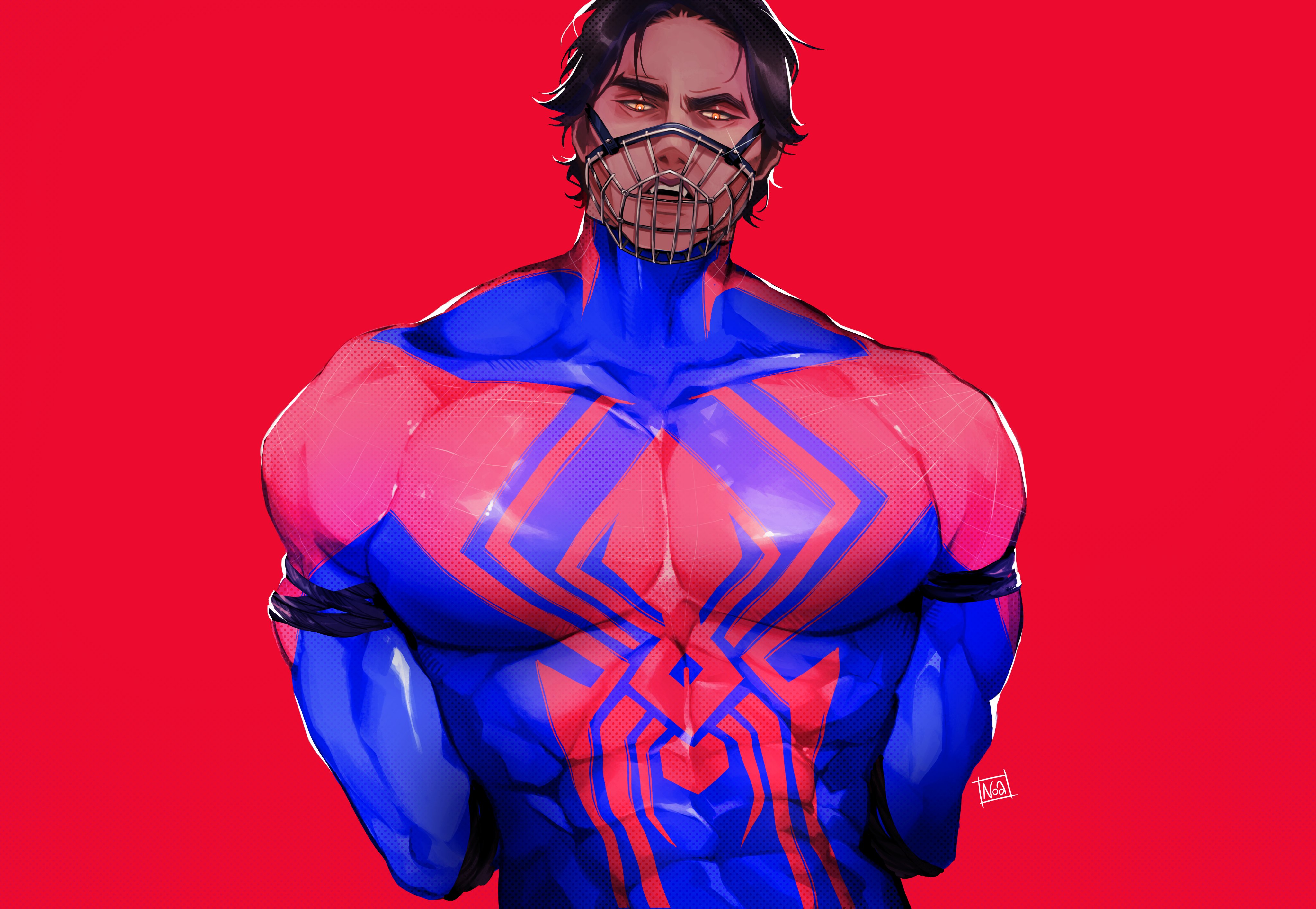 1boy, fangs, latino, looking at viewer, male, male focus, male only, marvel, marvel comics, miguel o'hara, moobs, muscles, muscular, muscular male, muzzle (object), muzzled, noasauruss, pecs, red eyes, skin tight, solo, solo male, spider-man, spider-man (series), spider-man 2099, spider-man: across the spider-verse, spider-man: into the spider-verse, superhero
