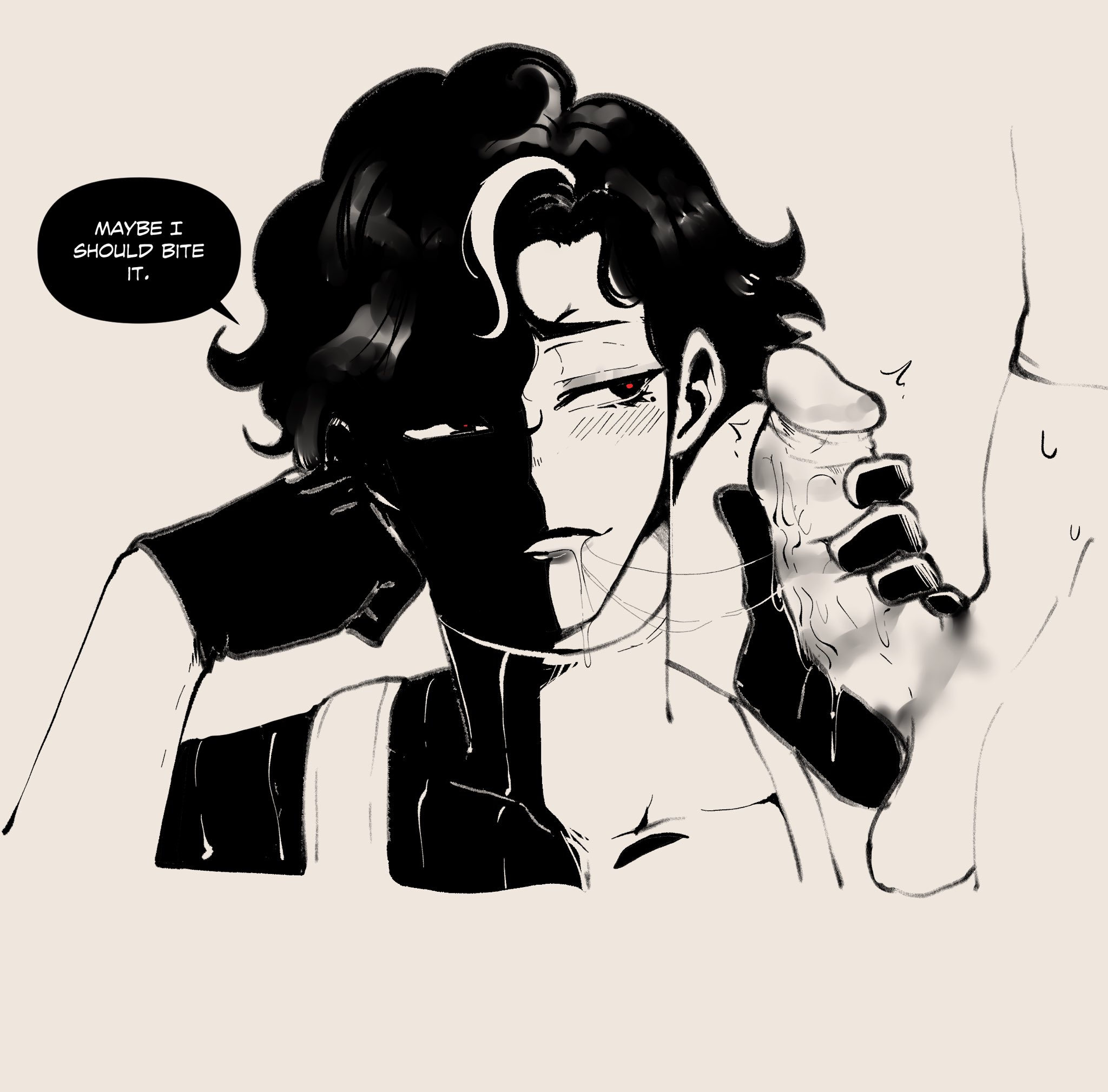 2boys, after oral, balls, black eyes, black hair, bored, degradation, dialogue, gay, hand on head, handjob, holding penis, lipstick, lipstick mark, lipstick ring, male, male/male, maledom, monochrome, original, original character, penis, red eyes, saliva trail, thiccwithaq, threatening, vos xavion, zirca 2036