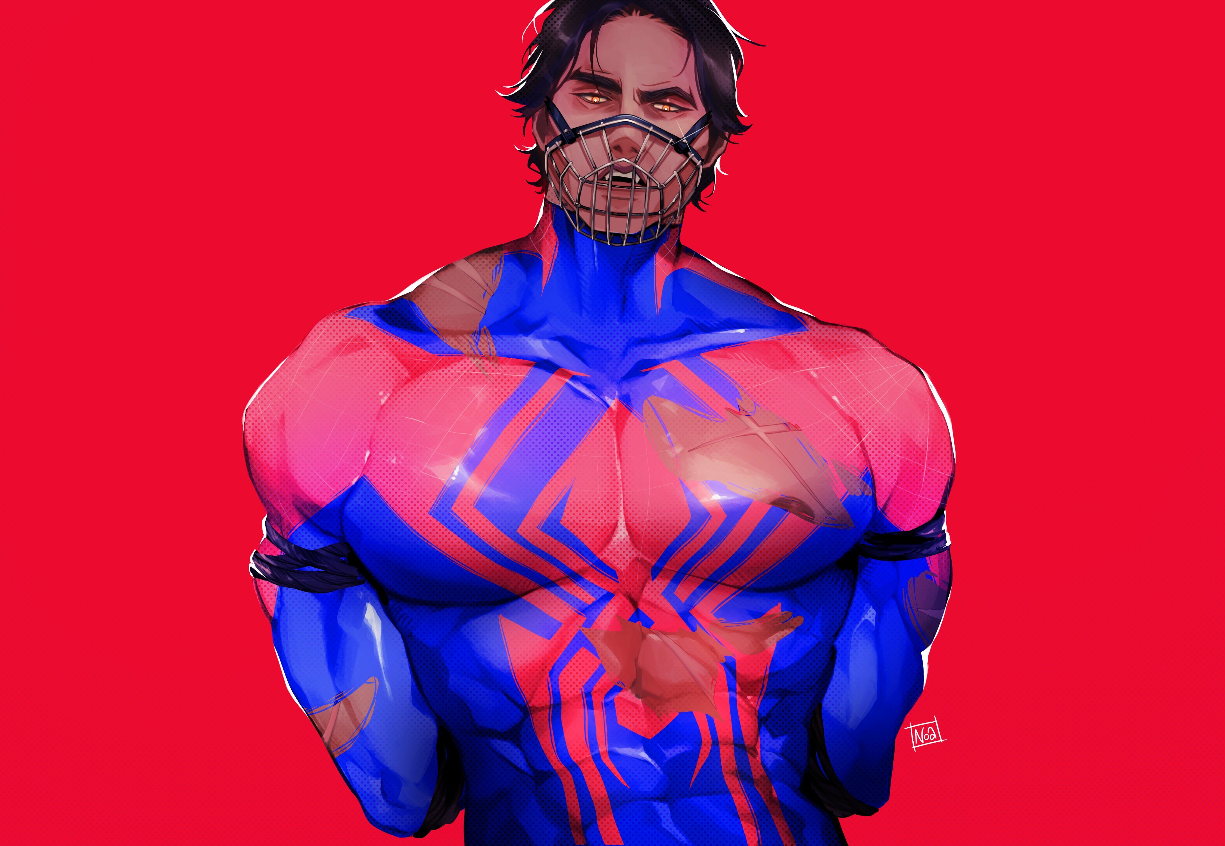 1boy, abs, latino, looking at viewer, male, male focus, male only, marvel, marvel comics, miguel o'hara, moobs, muscles, muscular, muscular male, muzzle (object), muzzled, nipples, noasauruss, pecs, red eyes, skin tight, solo, solo male, spider-man, spider-man (series), spider-man 2099, spider-man: across the spider-verse, spider-man: into the spider-verse, superhero, torn clothes, torn clothing
