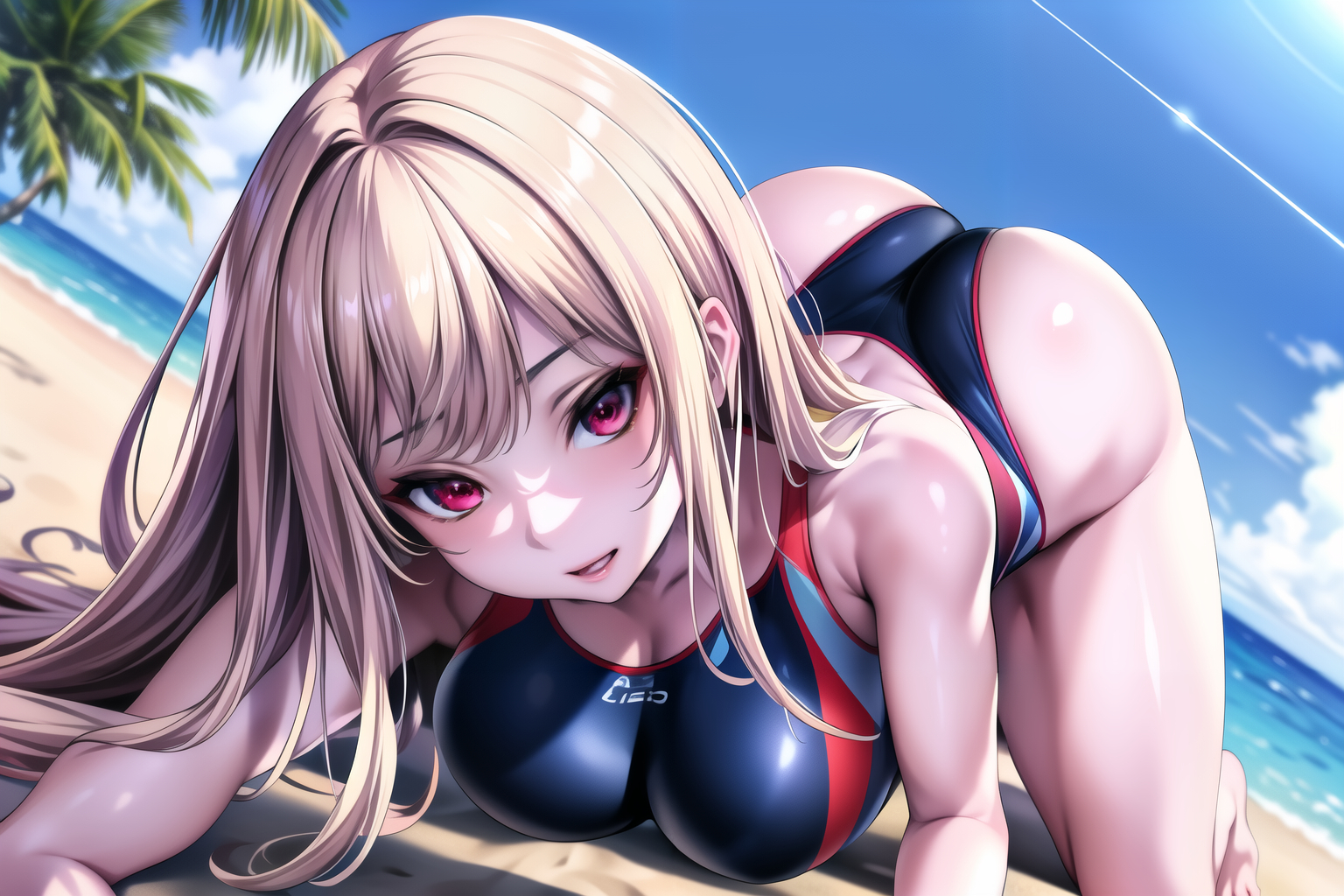 ai generated, alternate costume, ass, ass focus, bare shoulders, blush, breasts, brown hair, female, goddess of victory: nikke, large breasts, long hair, looking at viewer, official alternate costume, one-piece swimsuit, rapi (classic vacation) (nikke), rapi (nikke), red eyes, shiny, shiny clothes, shiny hair, shiny skin, smile, solo, swimsuit, top-down bottom-up