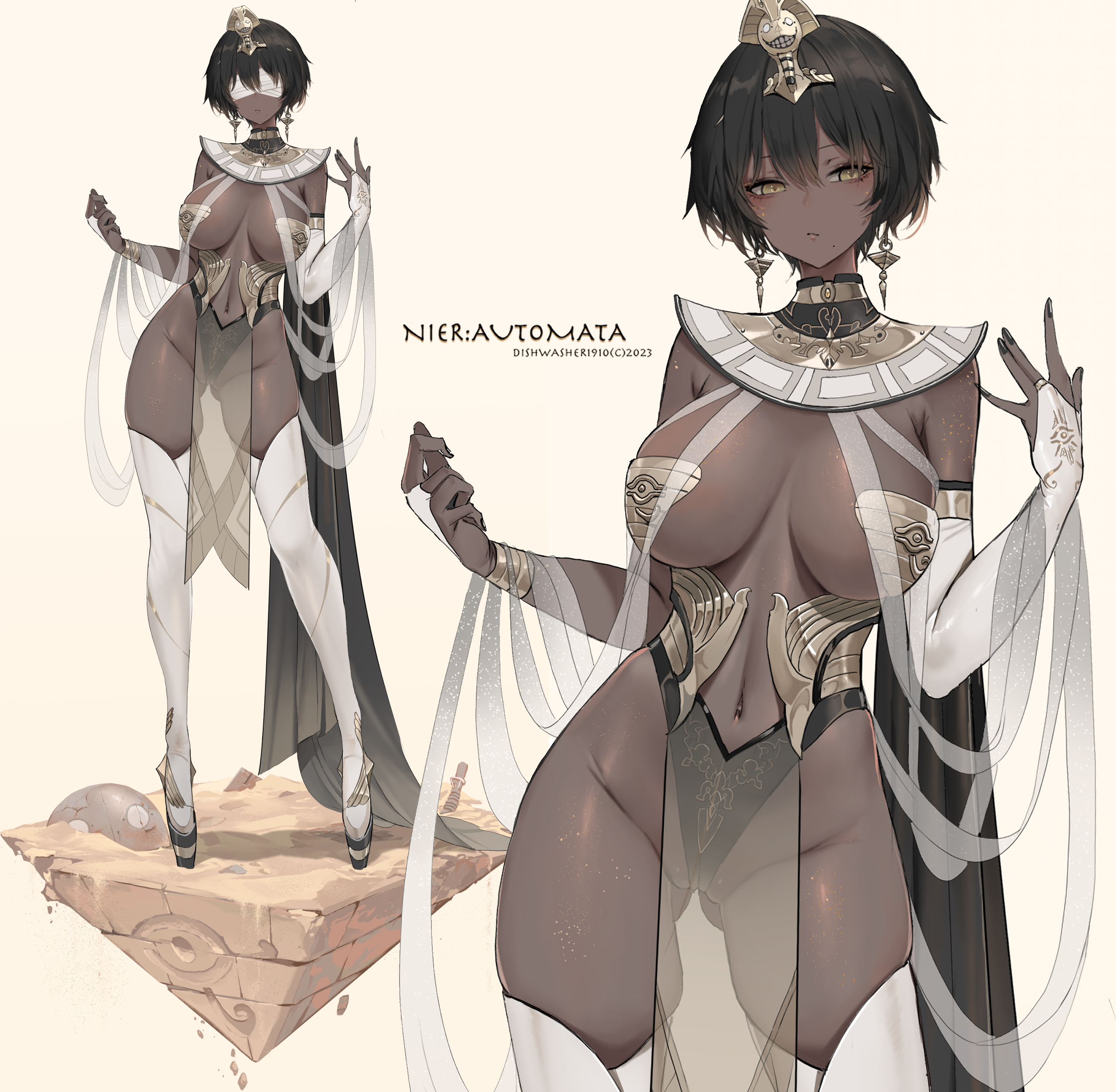 1girls, absurd res, alternate costume, black hair, black nails, breasts, breasts apart, bridal gauntlets, circlet, dark skin, dark-skinned female, dishwasher1910, earrings, egyptian, egyptian clothes, female, full body, gold (metal), gold jewelry, hi res, highleg, highres, jewelry, large breasts, leotard, loincloth, midriff, multiple views, nail polish, nier, nier: automata, no bra, pasties, pelvic curtain, see-through, see-through clothing, short hair, stomach, thighhighs, thighs, white thighhighs, yellow eyes, yorha 2p