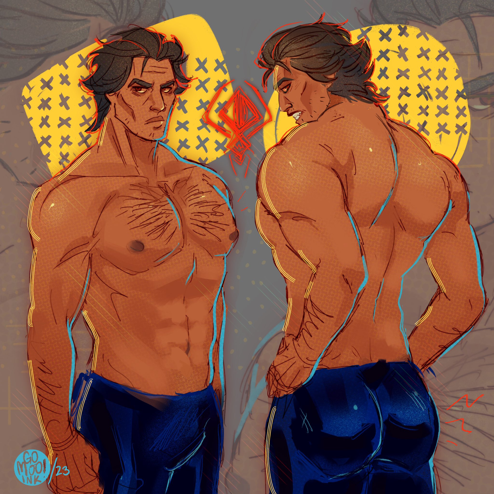 1boy, abs, ass, bulge, flaccid, hairy, looking at viewer, male, male focus, male only, marvel, marvel comics, miguel o'hara, muscles, muscular, muscular male, nipples, no visible genitalia, pecs, penis, solo, solo male, spider-man, spider-man (series), spider-man 2099, spider-man: across the spider-verse, spider-man: into the spider-verse, superhero, tight, uncensored