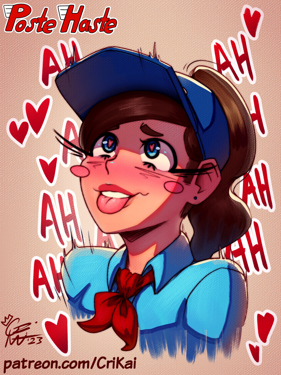 ahe_gao blue_cap blue_shirt blush brown_hair crimson_kaiserin female headwear heart-shaped_pupils human long_eyelashes looking_pleasured looking_up moaning pale_skin ponytail postal_carrier poste_haste_(crimson_kaiserin) red_tie teeth text tongue_out