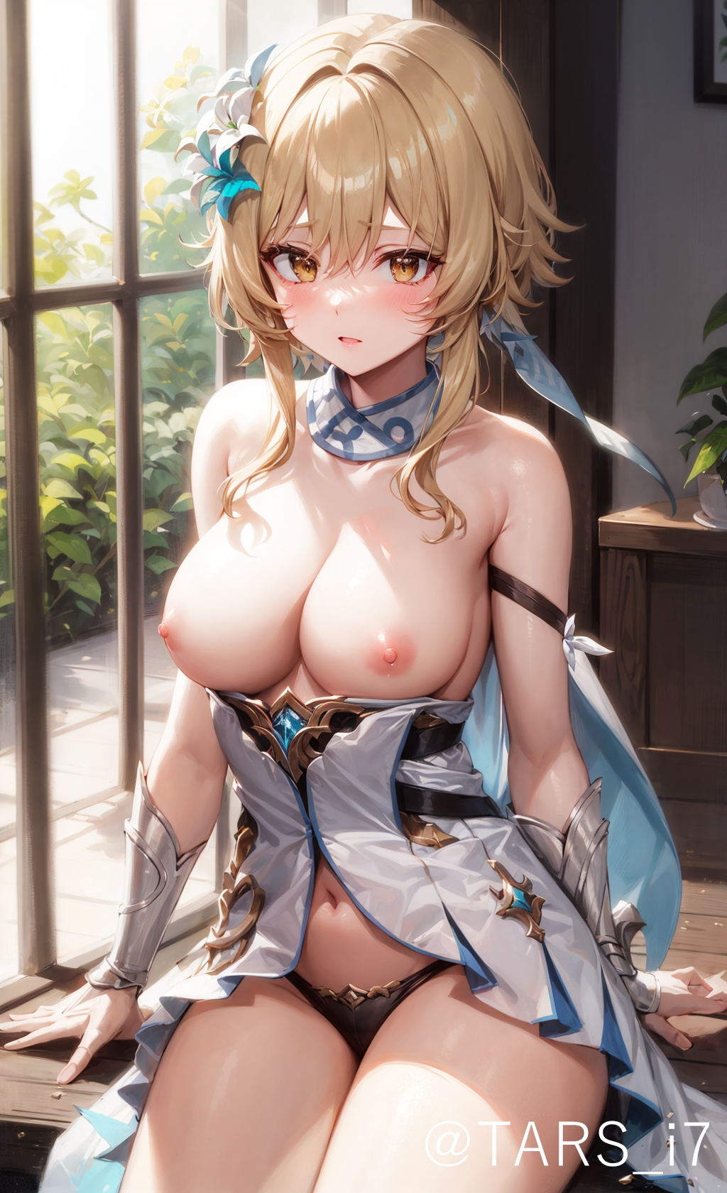 ai generated, black panties, blonde hair, embarrassed, female, game cg, genshin impact, lumine (genshin impact), shy, smooth skin, stable diffusion, thighs, yellow eyes
