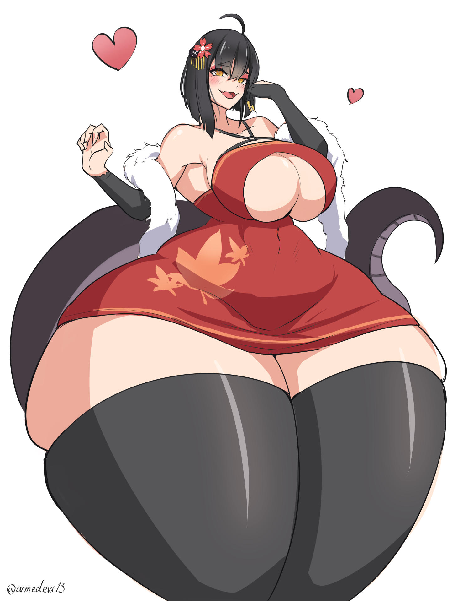 ahoge, armedevi, big breasts, black hair, black thighhighs, blush, breasts, cleavage, female, fur scarf, happy expression, hyper thighs, indie virtual youtuber, red dress, saavlewd, small waist, snake girl, snake tail, thick thighs, virtual youtuber, wide hips, yellow claws, yellow eyes