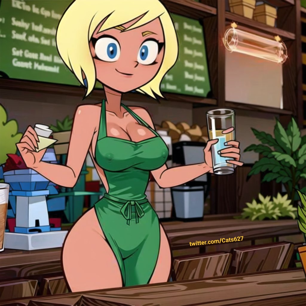 1girls ai_generated big_ass big_breasts blonde_hair blue_eyes cartoon_network cats62 dc dc_comics iced_latte_with_breast_milk karen_starr meme naked_apron power_girl stable_diffusion starbucks superman_(series) tagme teen_titans_go teen_titans_go_to_the_movies warner_brothers