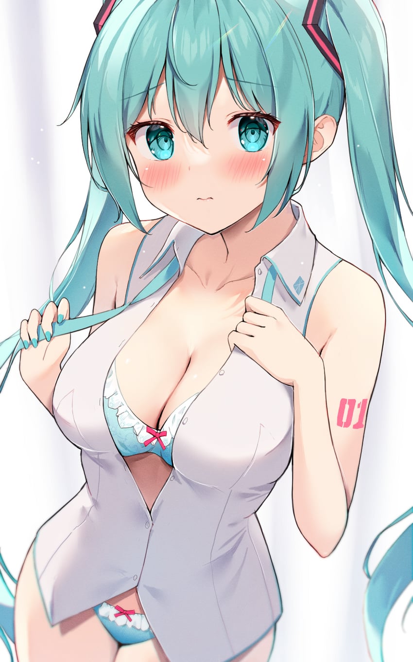 blonde_hair blue_eyes blush cute hannari369 hatsune_miku shoulder_tattoo vocaloid