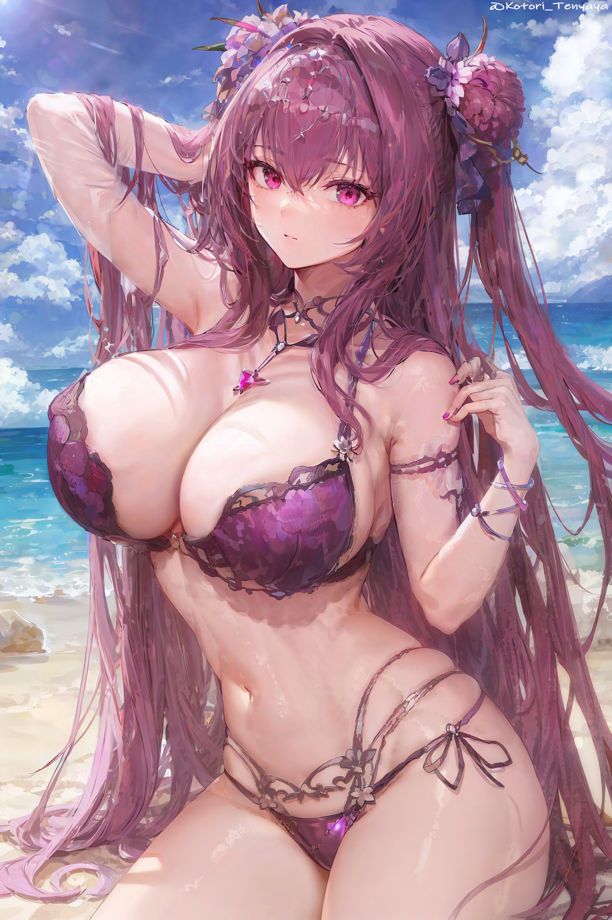 1girls, ai generated, beach, bikini, breasts, cleavage, fate (series), fate/grand order, female, hips, huge breasts, light skin, light-skinned female, long hair, outdoors, purple bikini, purple hair, red eyes, scathach (fate), stable diffusion, thick thighs, thighs, wide hips