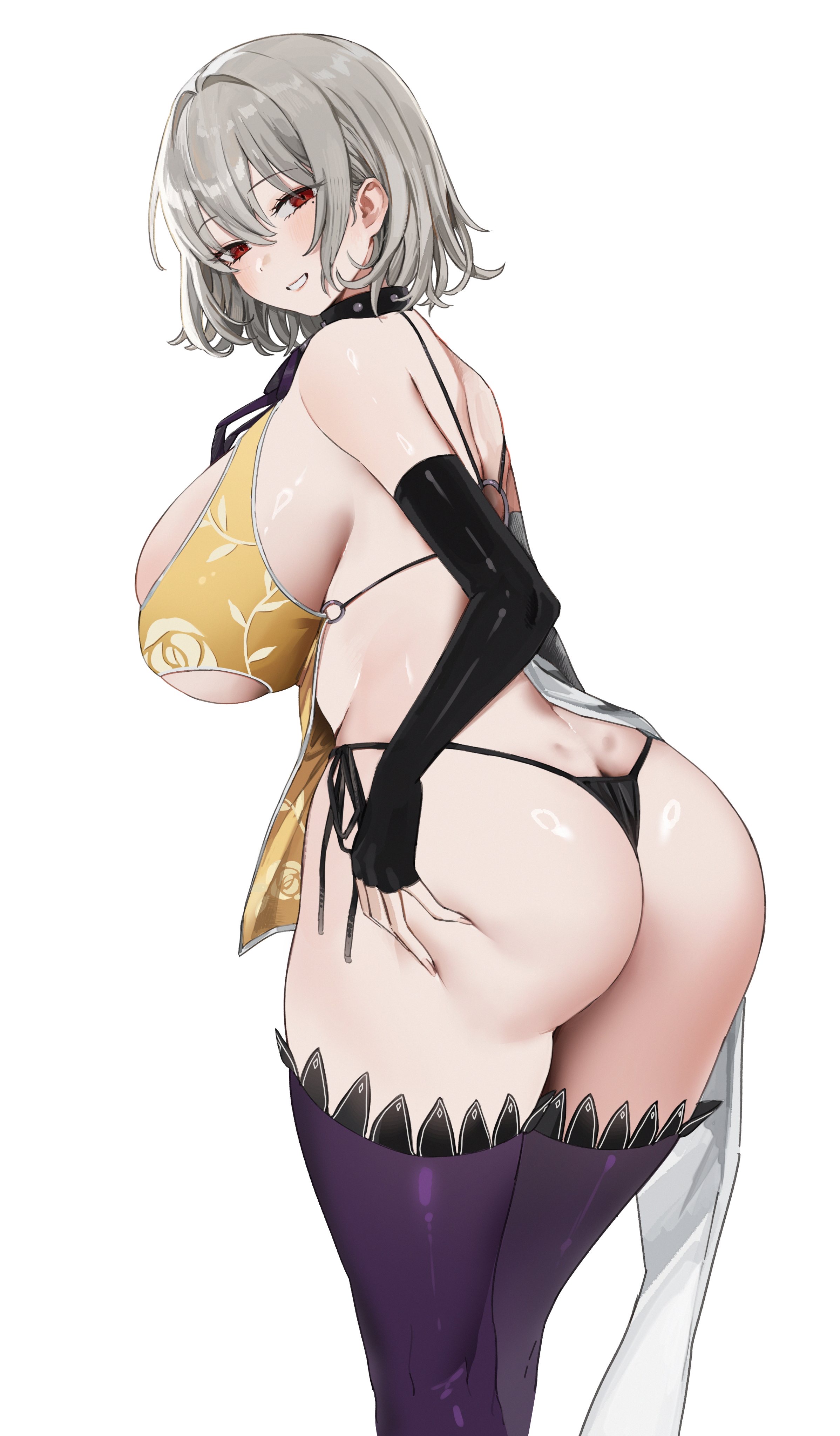 1girls, ass, big ass, big butt, black gloves, black panties, chinese clothes, clothed, clothing, eyebrows visible through hair, female, female only, fingerless gloves, fungi (fungi542/gompang 11), gloves, grey hair, hand on own butt, inviting, light skin, light-skinned female, looking at viewer, original, panties, red eyes, seductive, simple background, skimpy clothes, smile, solo, white background