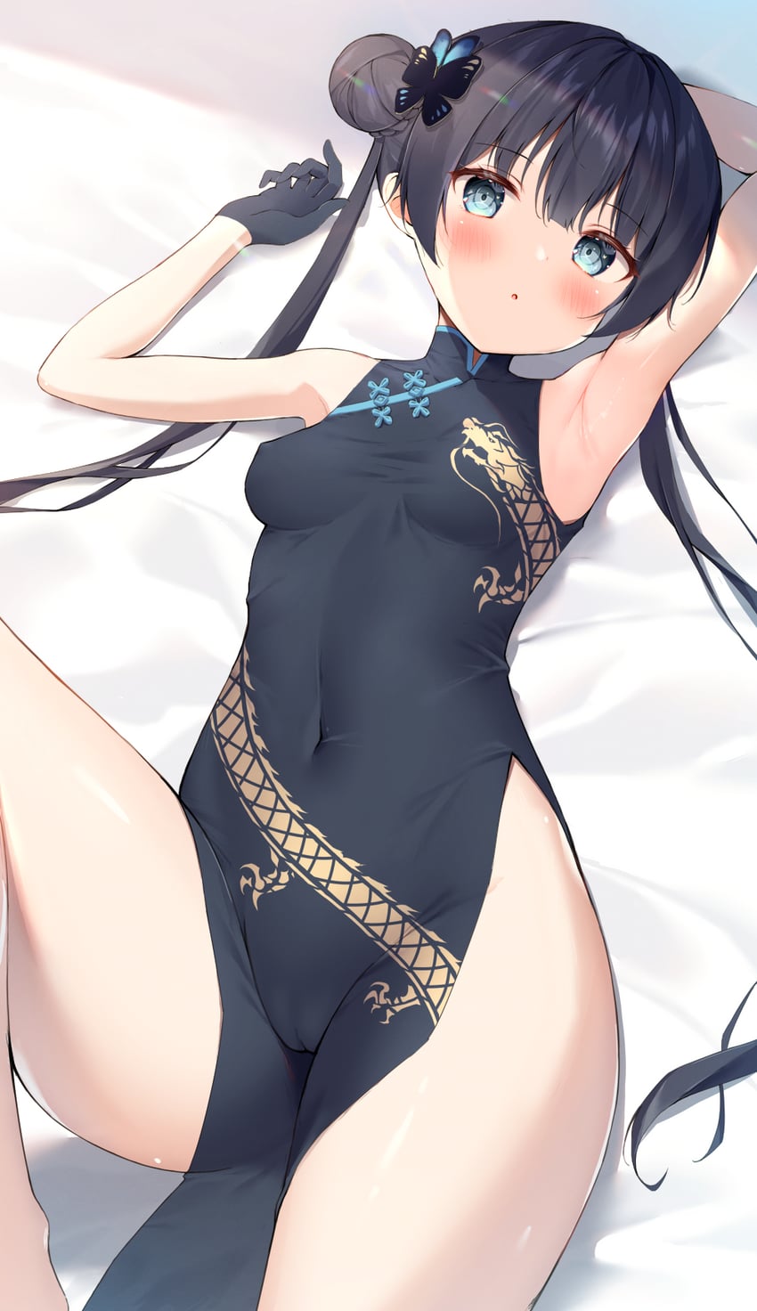1girls, armpits, artist request, blue archive, blush, breasts, cameltoe, female, female only, genryumon (blue archive), kisaki (blue archive), laying down, nipples visible through clothing, pussy, shanhaijing secondary school student, small breasts, solo, tagme (artist)