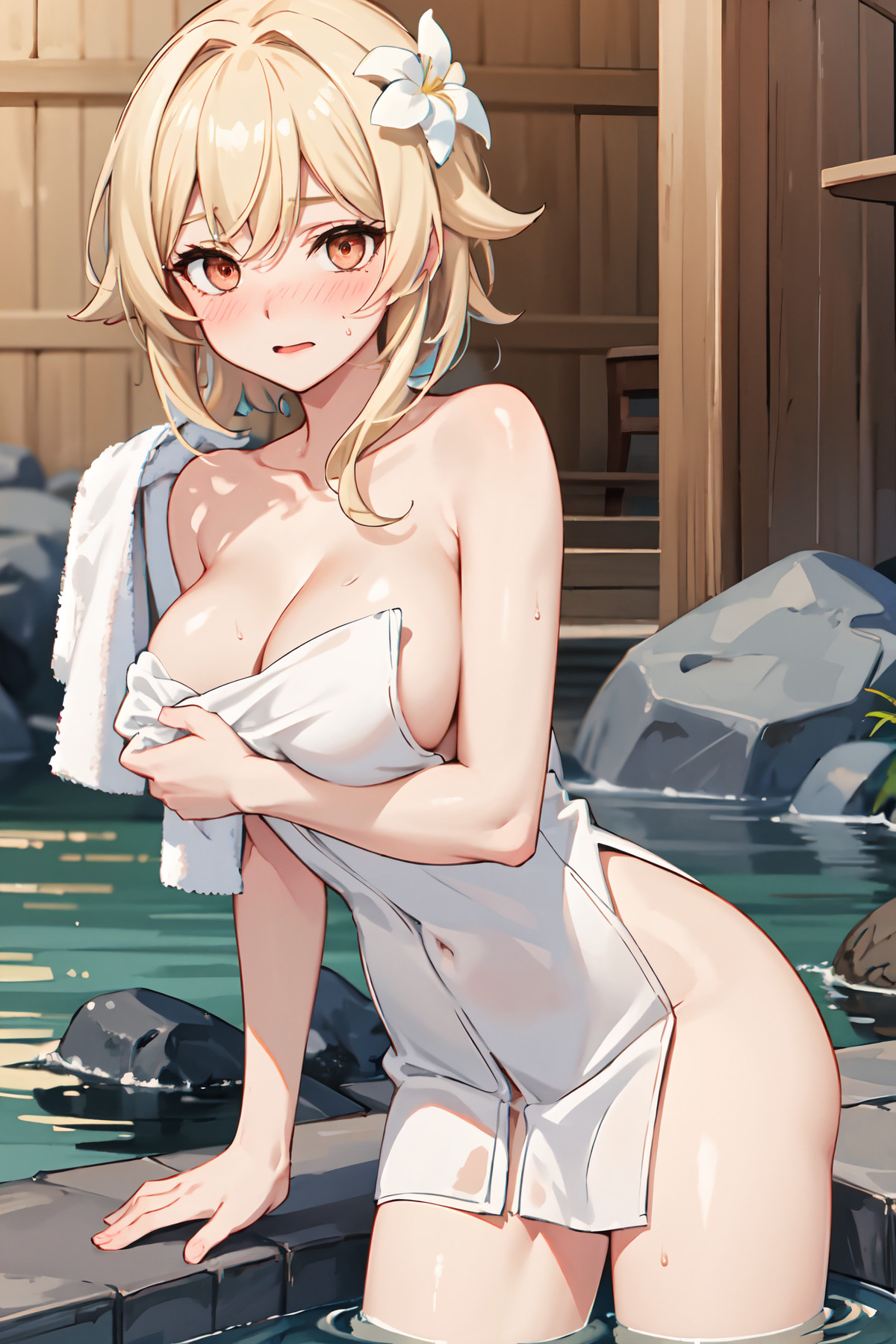 ai generated, bathing, blonde hair, embarrassed, female, game cg, genshin impact, lumine (genshin impact), shy, smooth skin, stable diffusion, thighs, yellow eyes