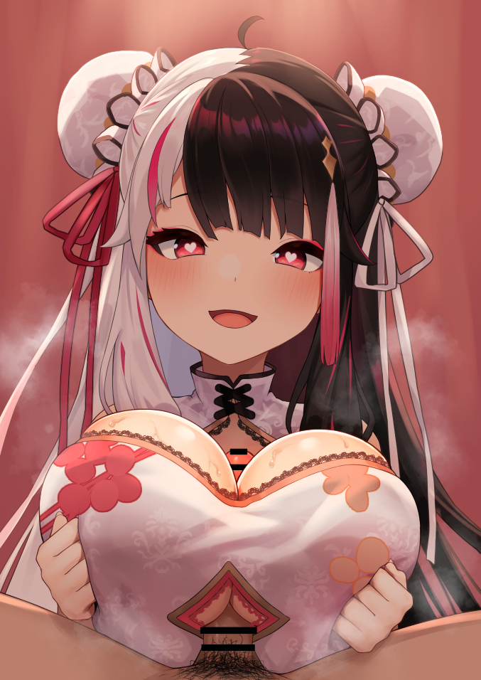 :d ahoge bar_censor blush breasts breasts_squeezed_together breath bun_cover censored china_dress chinese_clothes clenched_hands commentary_request double_bun dress emor18_shikeko female floral_print hair_bun hair_ornament heart heart-shaped_pupils large_breasts long_hair looking_at_viewer male_pubic_hair multicolored_hair nijisanji open_mouth paizuri penis pov pov_crotch print_dress pubic_hair red_eyes smile split-color_hair streaked_hair sweat symbol-shaped_pupils tassel tassel_hair_ornament virtual_youtuber white_dress yorumi_rena yorumi_rena_(10th_costume)