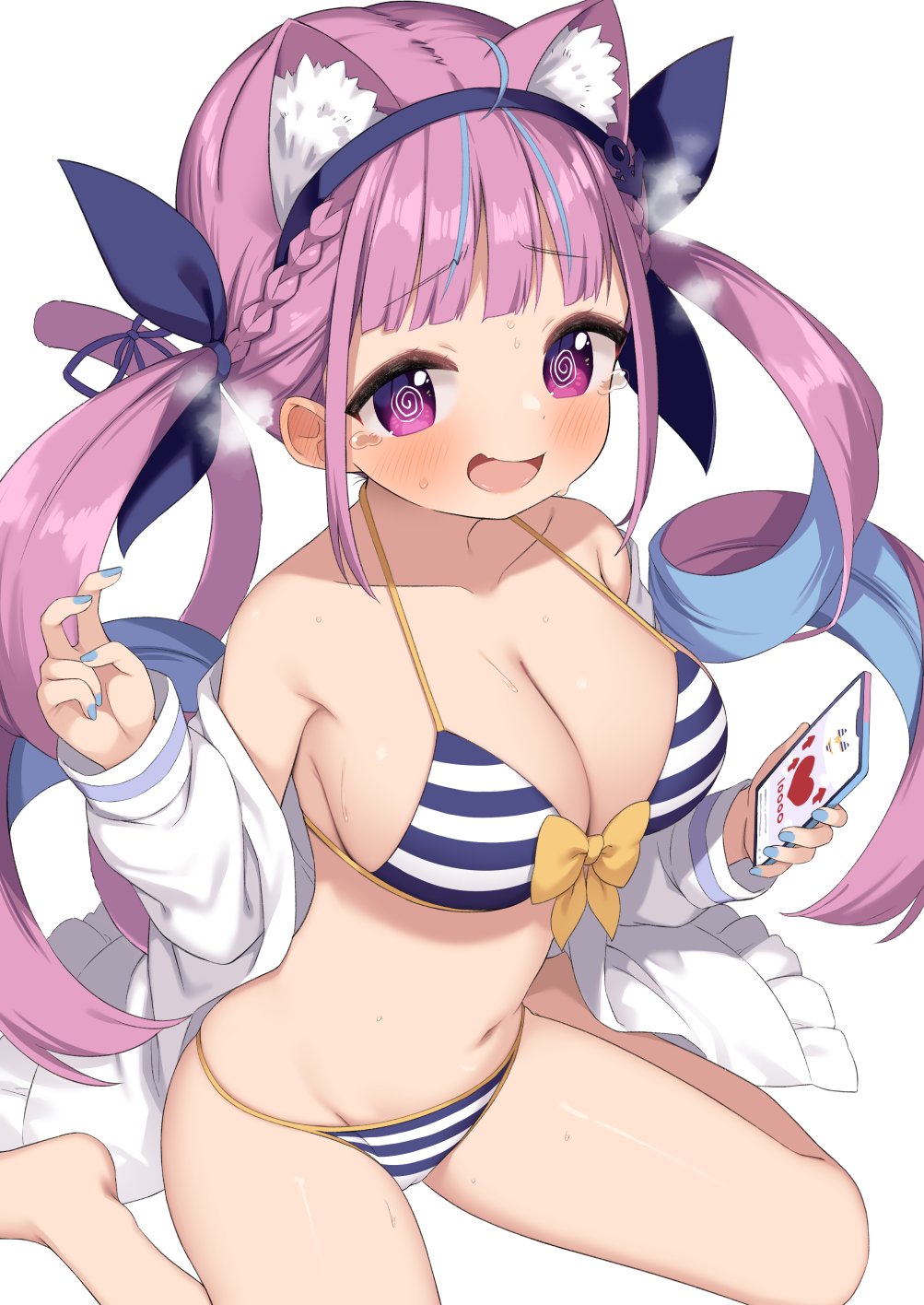 1girls bikini blue_highlights cat_ears cute eyes female flustered heart hololive hololive_gen_2 hololive_japan hoodie minato_aqua muku_(muku-coffee) neko on_knees on_phone phone purple purple_hair smaller_female striped_bikini striped_panties virtual_youtuber