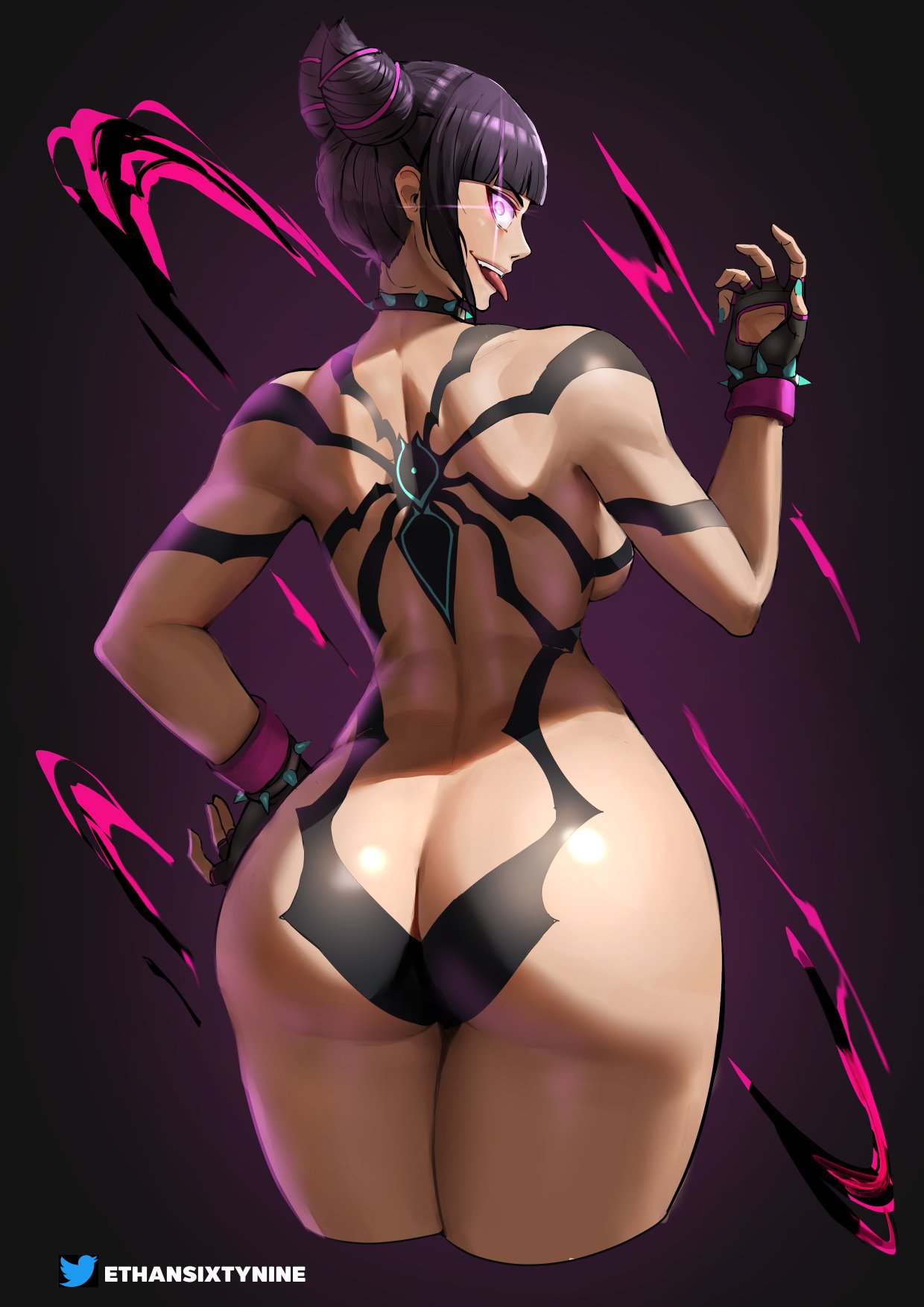 1girls, almost naked, ass, ass focus, back, back view, behind view, big ass, big butt, black hair, body tape, bracelet, bracelets, bubble ass, bubble butt, child bearing hips, choker, collar, dark hair, ethan69 (artist), female, female only, goth, goth girl, hips, huge ass, juri han, korean female, large ass, lens flare, light skin, light-skinned female, punk, punk girl, punk hair, shiny skin, solo, spiked bracelet, spiked choker, spiked collar, street fighter, street fighter 6, tagme, thick, thick ass, thick thighs, thighs, thighs together, wide hips